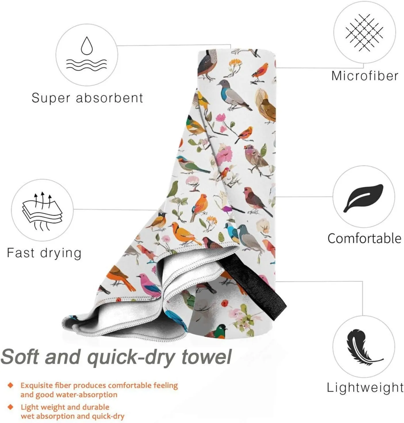 Flowers Bunnies Birds Premium Compact Microfiber Travel Towel-Featherlight & Quick Dry,Sand-Resistant Beach Towel for Swimming,Camping,Vacation Essentials with Carry Pouch