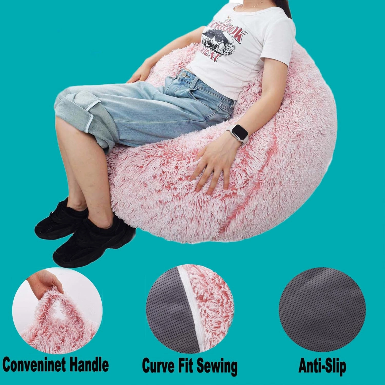 Fluffy Stuffed Animal Storage Bean Bag Chair Cover (No Filler), Faux Fur Comfy Bean Bag Cover for Organizing Plush Toys or Textile, for Adults Teens Kids Girls, Black