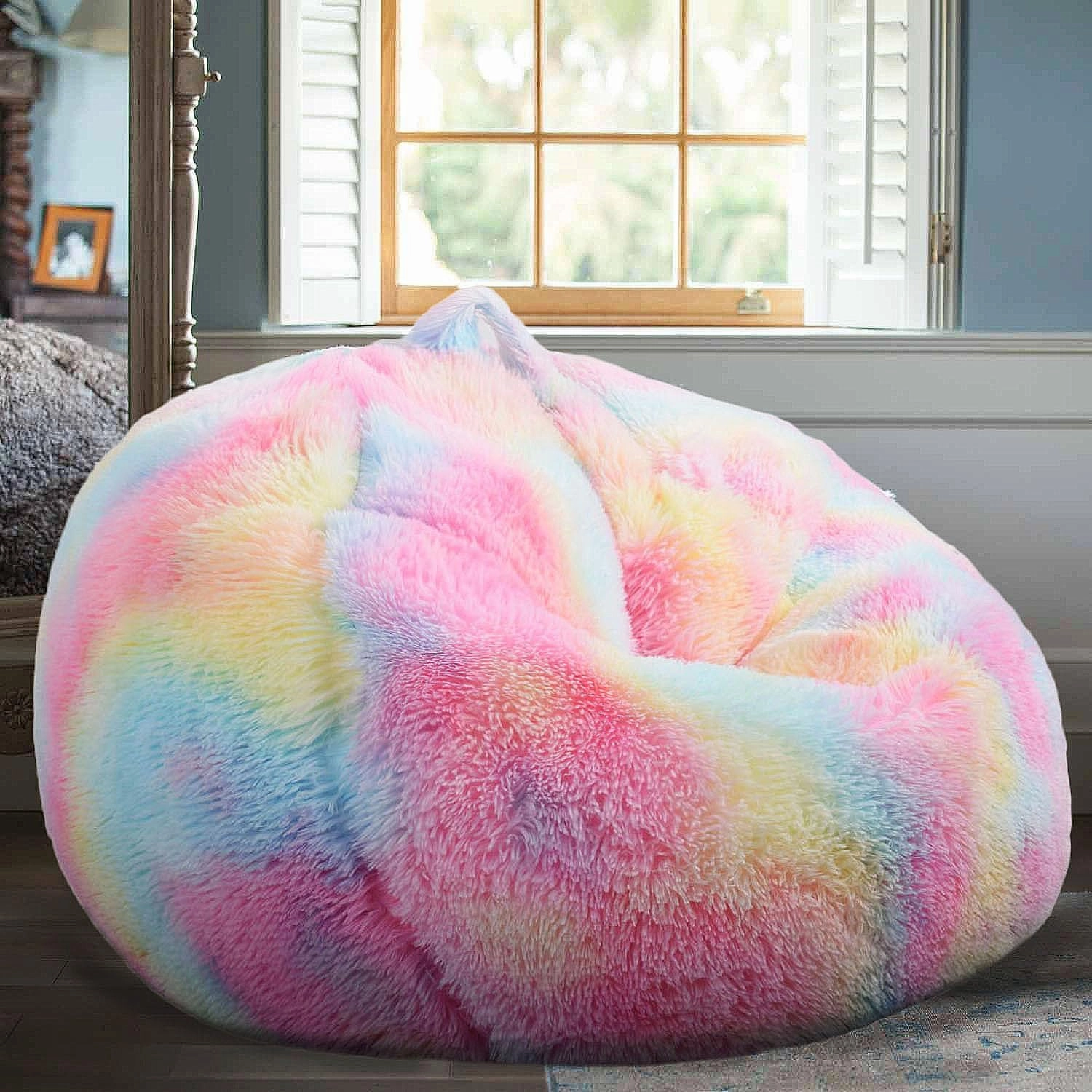 Fluffy Stuffed Animal Storage Bean Bag Chair Cover (No Filler), Faux Fur Comfy Bean Bag Cover for Organizing Plush Toys or Textile, for Adults Teens Kids Girls, Black