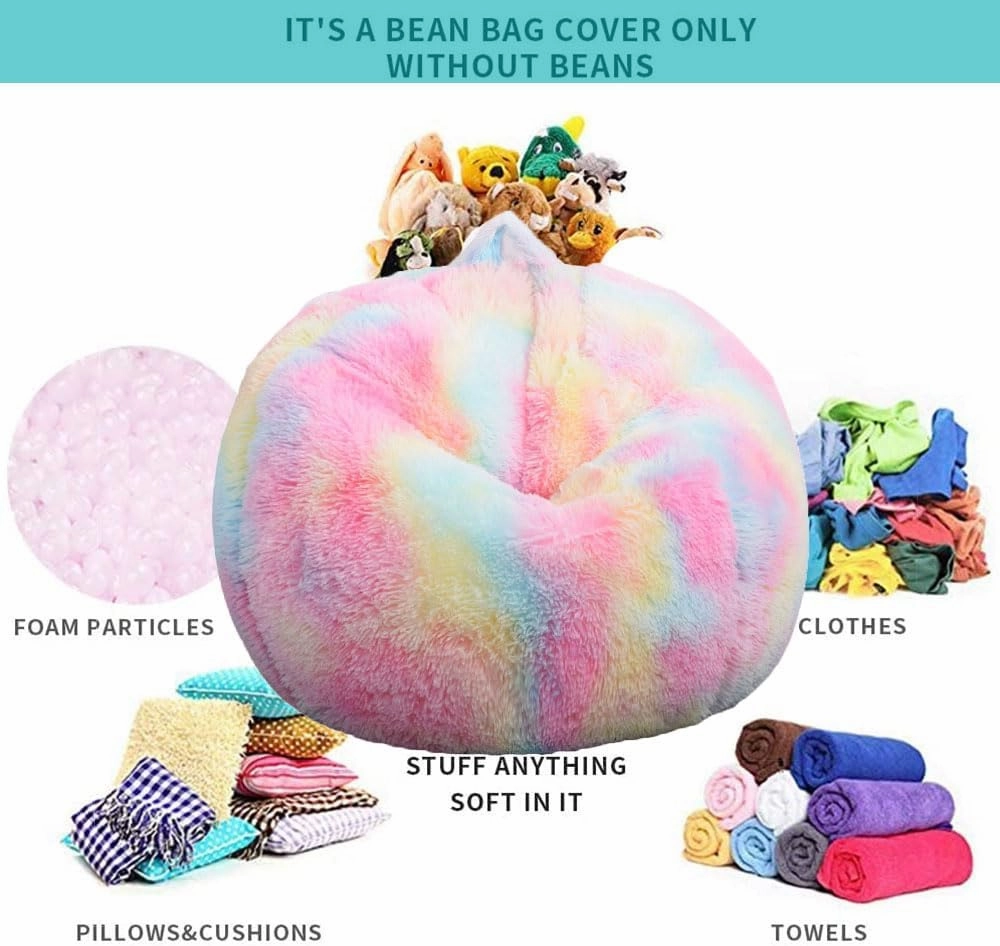 Fluffy Stuffed Animal Storage Bean Bag Chair Cover (No Filler), Faux Fur Comfy Bean Bag Cover for Organizing Plush Toys or Textile, for Adults Teens Kids Girls, Black
