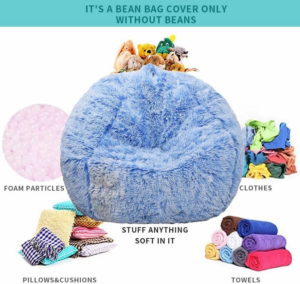 Fluffy Stuffed Animal Storage Bean Bag Chair Cover (No Filler), Faux Fur Comfy Bean Bag Cover for Organizing Plush Toys or Textile, for Adults Teens Kids Girls, Blue