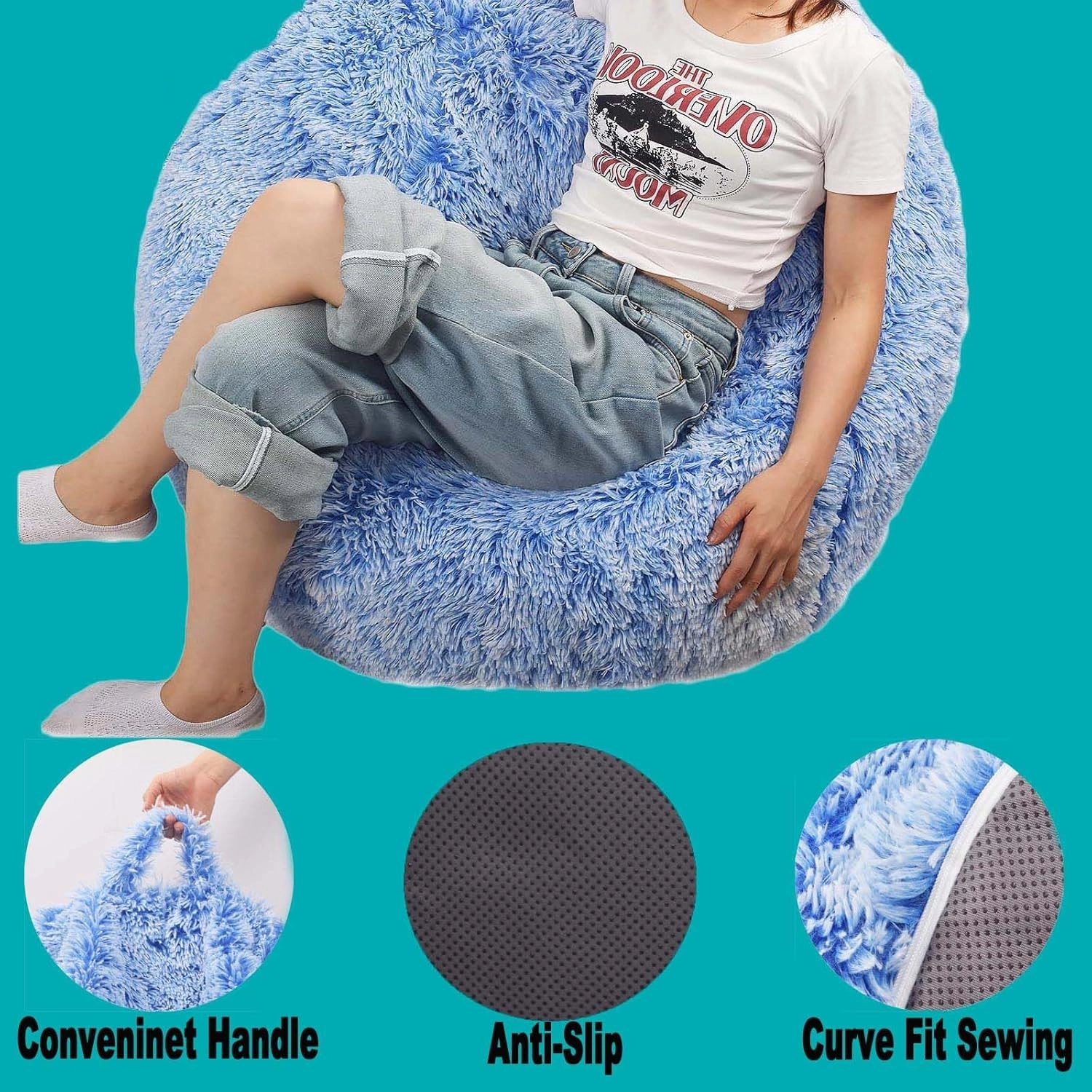 Fluffy Stuffed Animal Storage Bean Bag Chair Cover (No Filler), Faux Fur Comfy Bean Bag Cover for Organizing Plush Toys or Textile, for Adults Teens Kids Girls, Blue