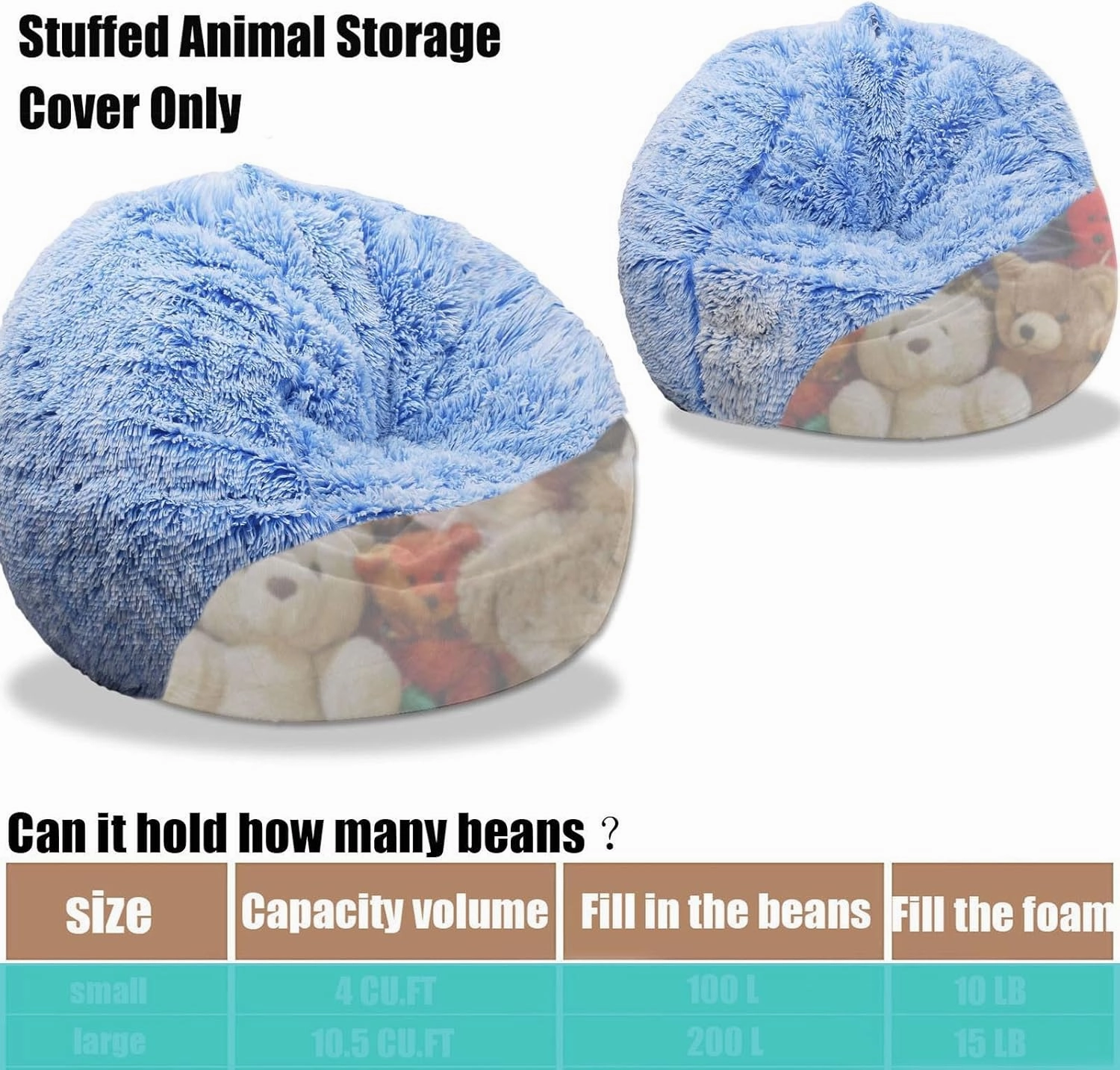 Fluffy Stuffed Animal Storage Bean Bag Chair Cover (No Filler), Faux Fur Comfy Bean Bag Cover for Organizing Plush Toys or Textile, for Adults Teens Kids Girls, Blue