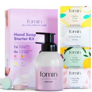 FOMIN Hand Soap Starter Kit - 6 Variety Pack of Foaming Hand Soap Refills   1 Glass Dispenser - Eco-Friendly Foaming Hand Soap Tablets for All Skin Types - Makes 48 fl oz Soap