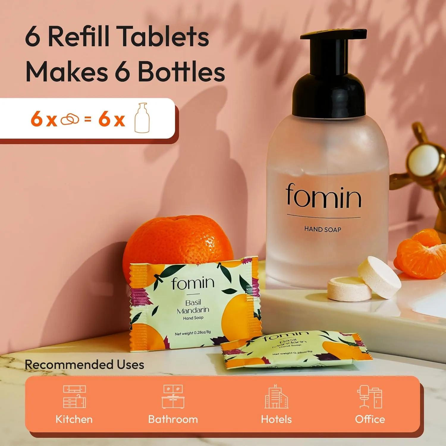 FOMIN Hand Soap Starter Kit - 6 Variety Pack of Foaming Hand Soap Refills   1 Glass Dispenser - Eco-Friendly Foaming Hand Soap Tablets for All Skin Types - Makes 48 fl oz Soap