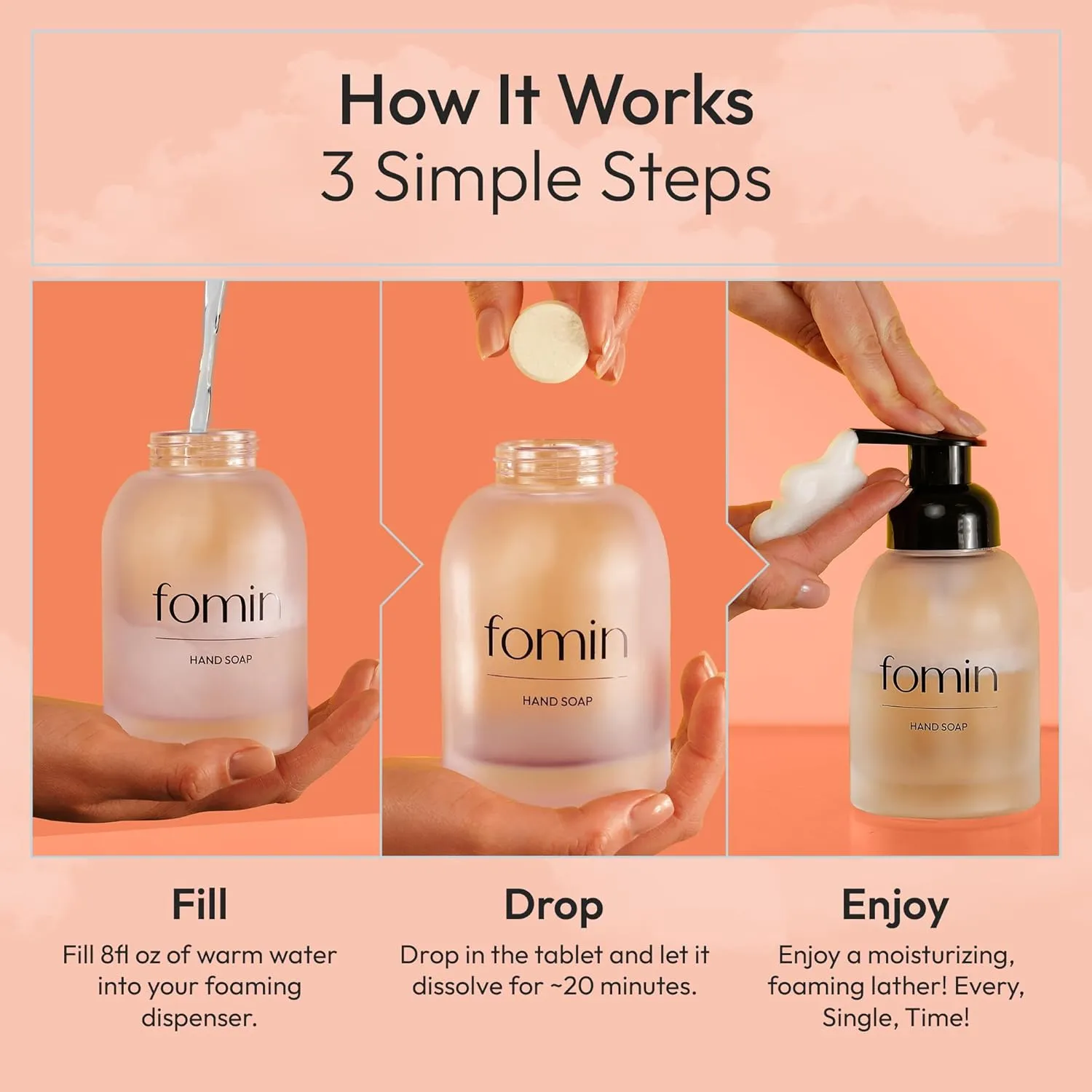 FOMIN Hand Soap Starter Kit - 6 Variety Pack of Foaming Hand Soap Refills   1 Glass Dispenser - Eco-Friendly Foaming Hand Soap Tablets for All Skin Types - Makes 48 fl oz Soap