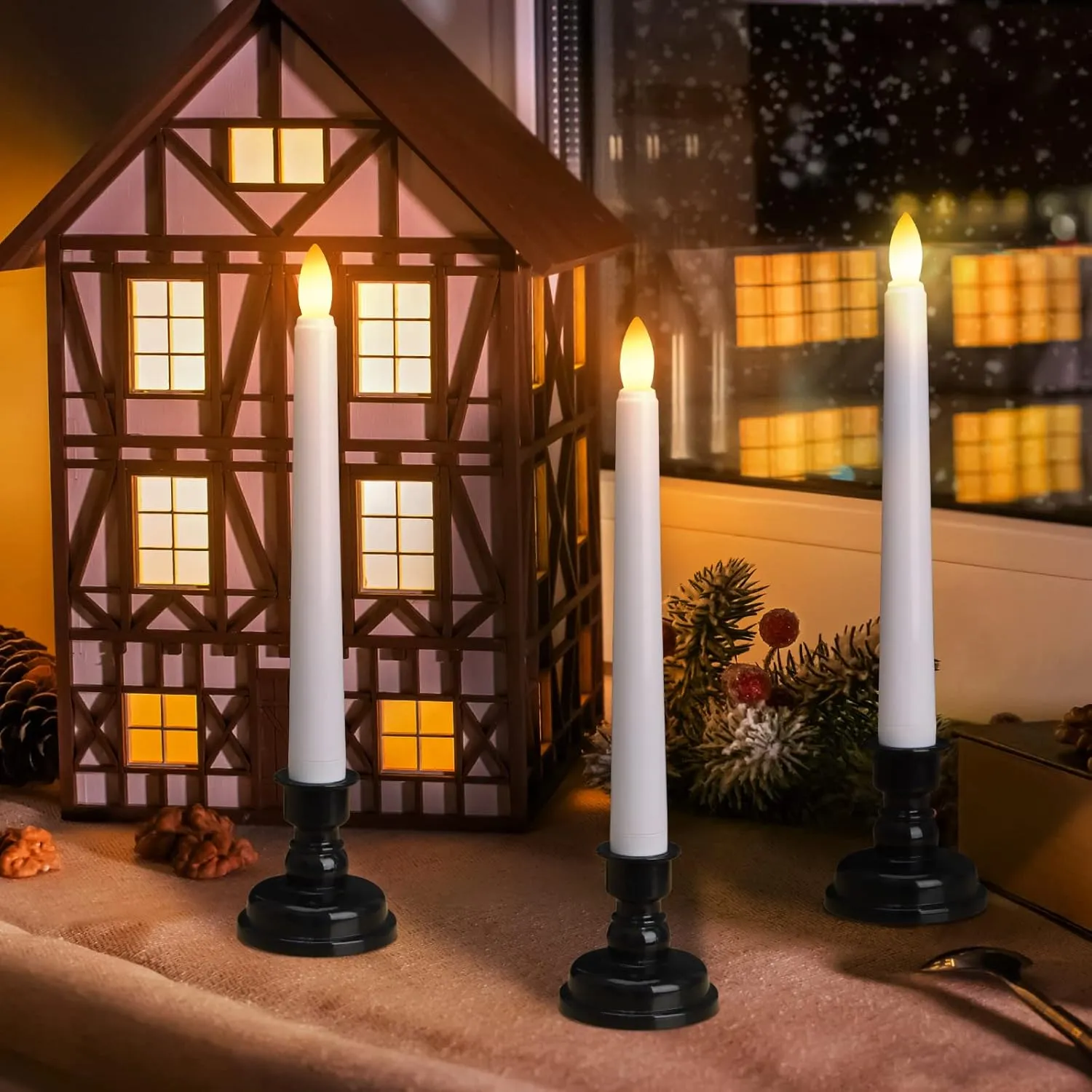 FREEPOWER Set of 6 Flameless Window Taper Candles with 6PCS Black Base, Battery Operated FlickeringTaper Candle with Remote and 4H/6H Timer,for Christmas Home Wedding Decor..