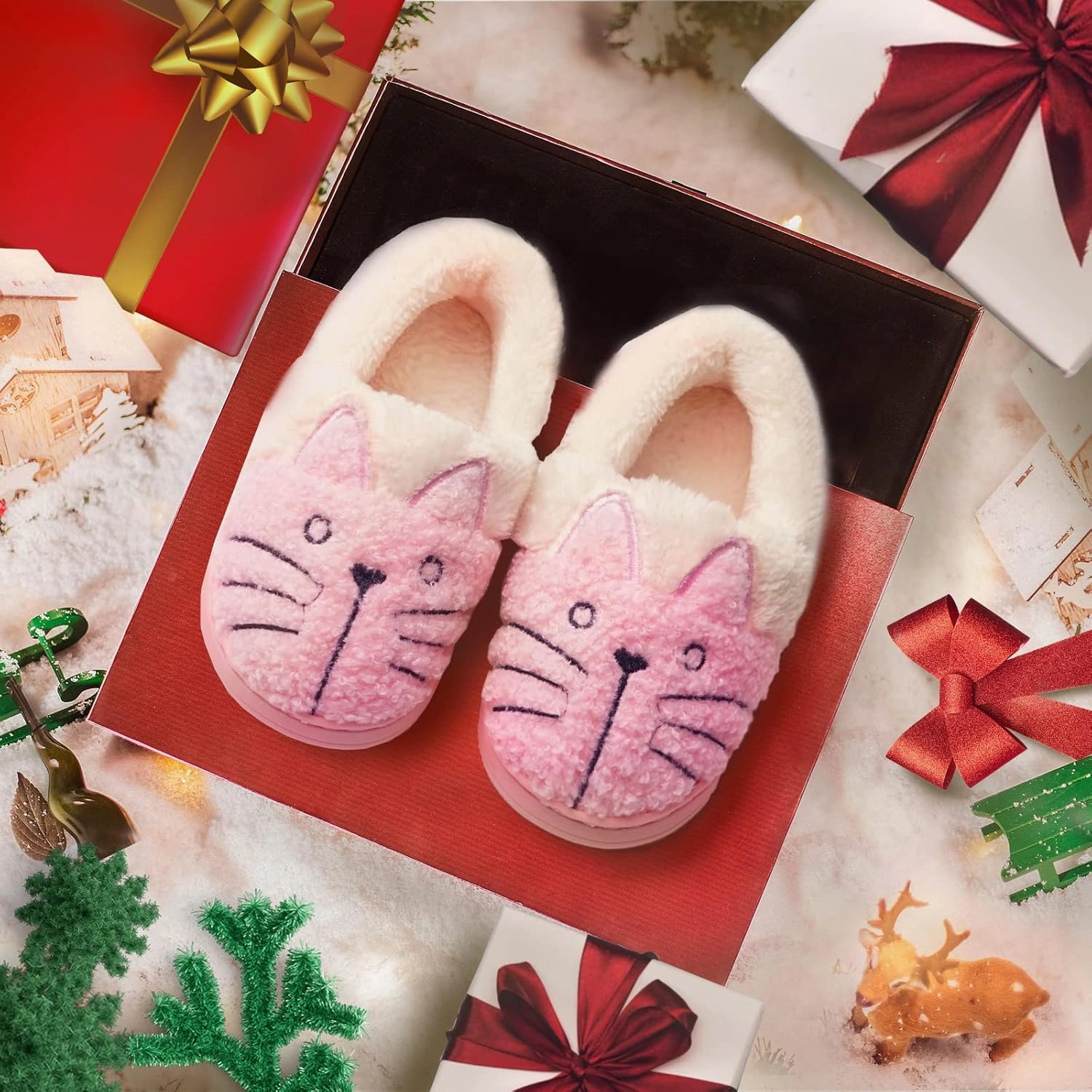 GaraTia Women/Kids Family Cute Cat Warm House Slippers Booties