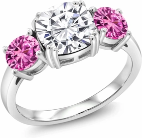 Gem Stone King 925 Sterling Silver White Moissanite and Pink Created Sapphire 3 Stone Engagement Ring For Women (3.50 Cttw, Cushion 8MM, Available in Size 5,6,7,8,9)