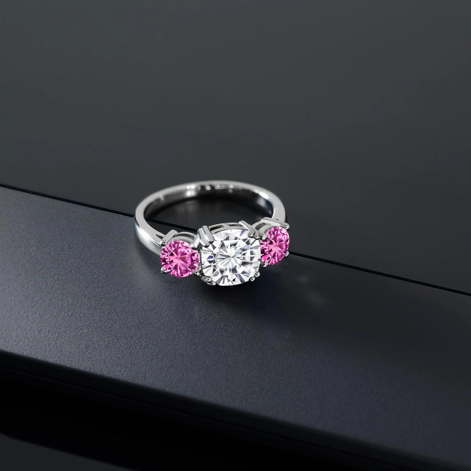 Gem Stone King 925 Sterling Silver White Moissanite and Pink Created Sapphire 3 Stone Engagement Ring For Women (3.50 Cttw, Cushion 8MM, Available in Size 5,6,7,8,9)