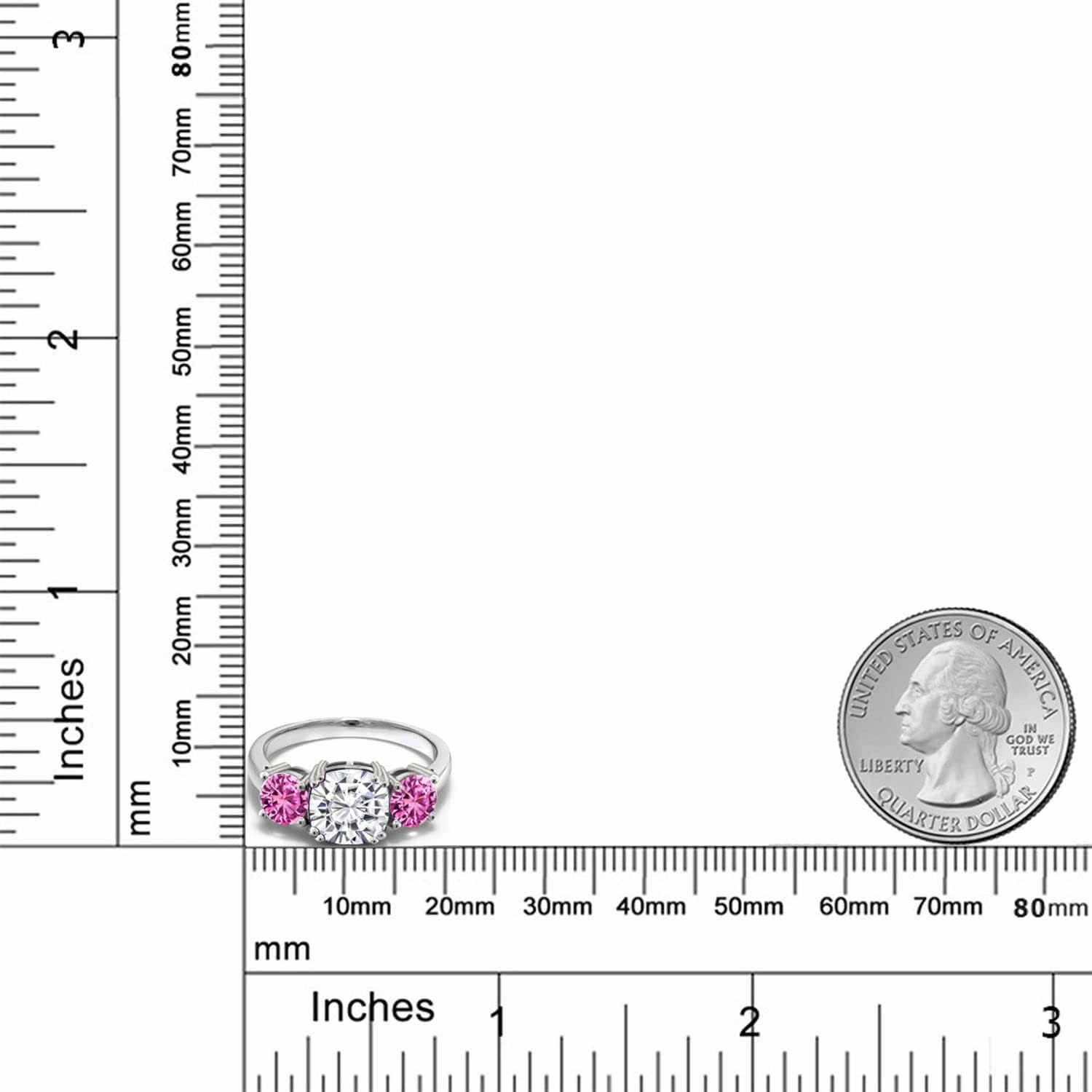 Gem Stone King 925 Sterling Silver White Moissanite and Pink Created Sapphire 3 Stone Engagement Ring For Women (3.50 Cttw, Cushion 8MM, Available in Size 5,6,7,8,9)