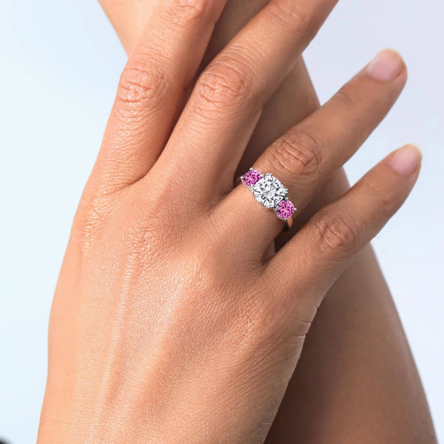 Gem Stone King 925 Sterling Silver White Moissanite and Pink Created Sapphire 3 Stone Engagement Ring For Women (3.50 Cttw, Cushion 8MM, Available in Size 5,6,7,8,9)