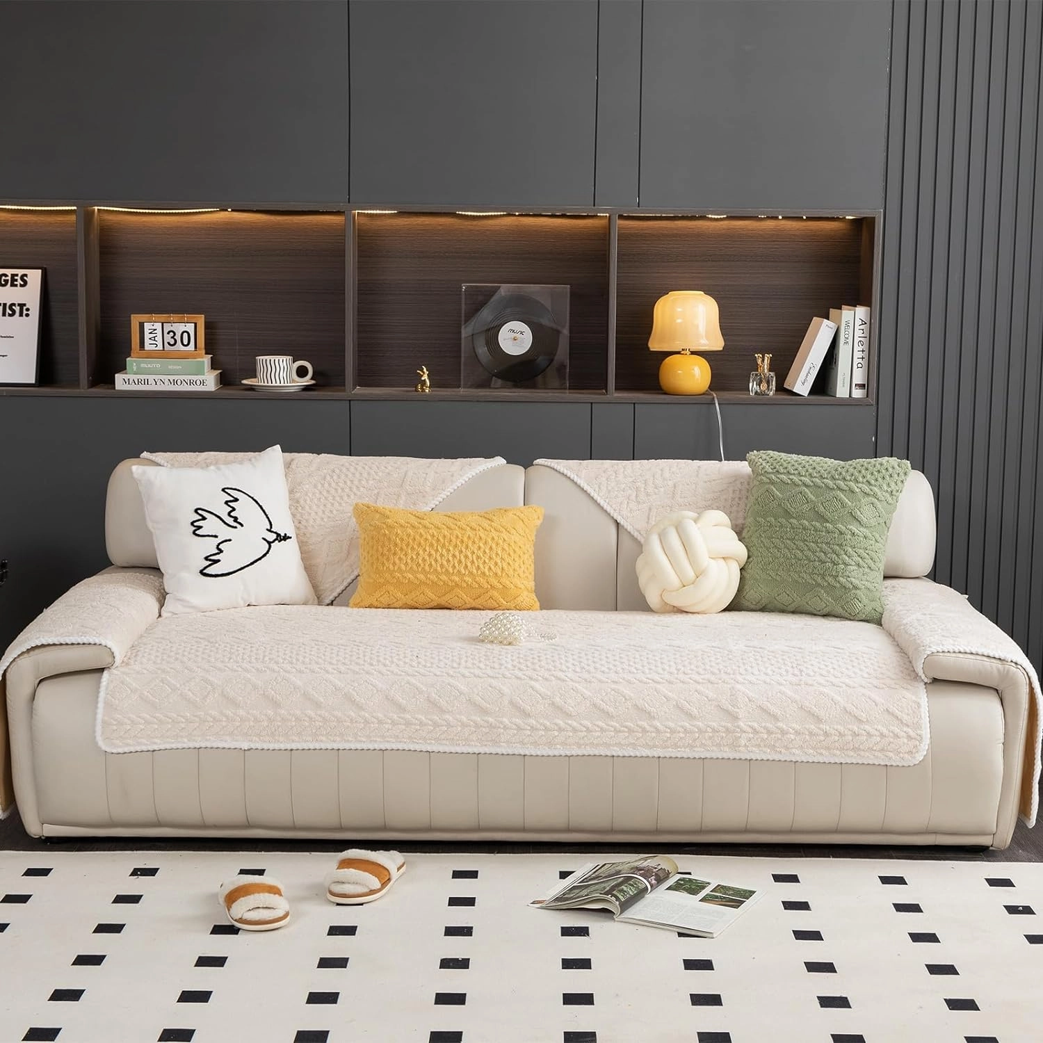 Geometric Jacquard Plush Warm Sofa Couch Cover, Soft Funny Fuzzy Couch Covers, Non Slip Sectional Sofa Slipcover, Cozy Washable Furniture Protector for Kids, Pets (Beige White, 28"x 28")