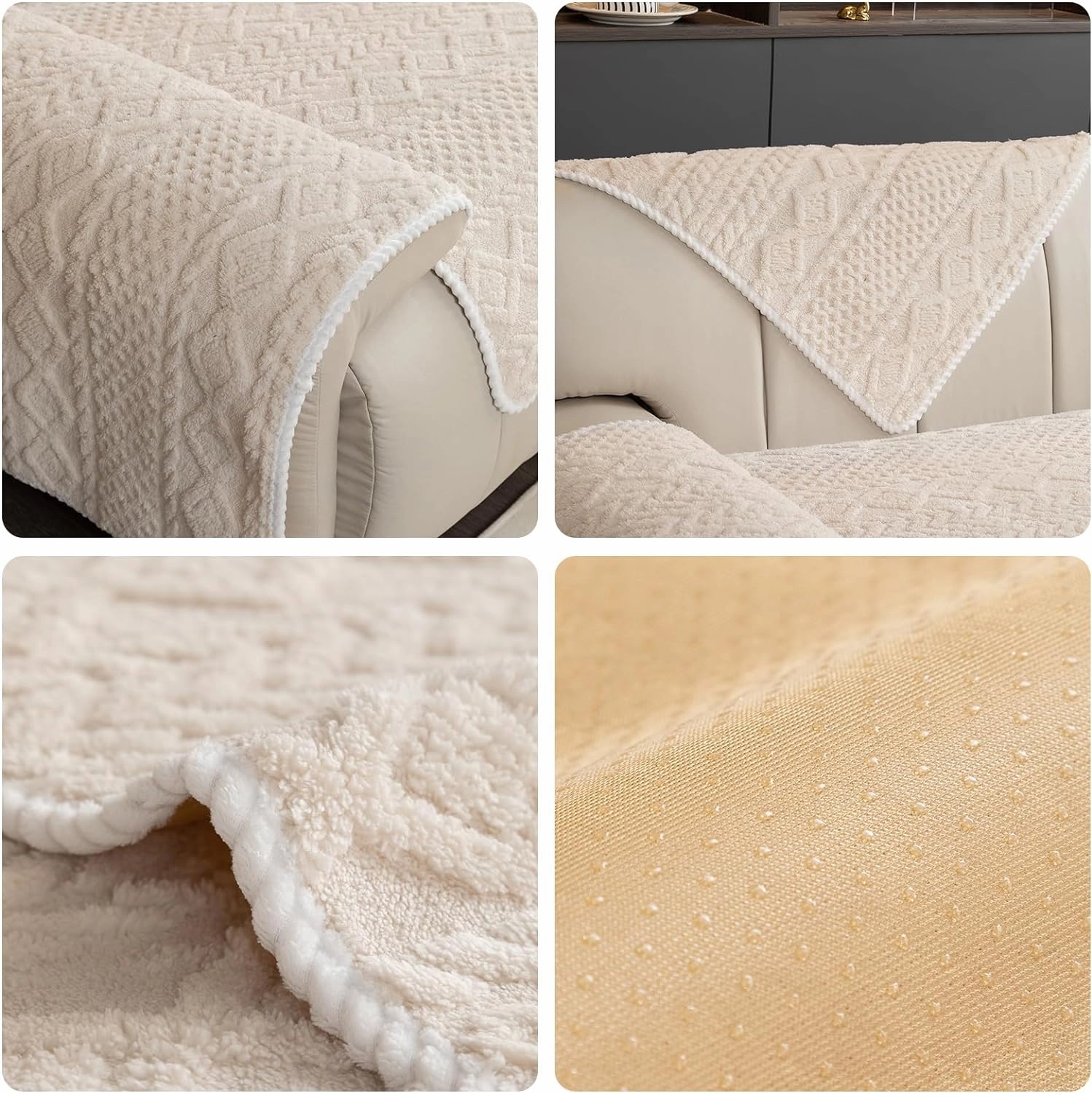 Geometric Jacquard Plush Warm Sofa Couch Cover, Soft Funny Fuzzy Couch Covers, Non Slip Sectional Sofa Slipcover, Cozy Washable Furniture Protector for Kids, Pets (Beige White, 28"x 28")