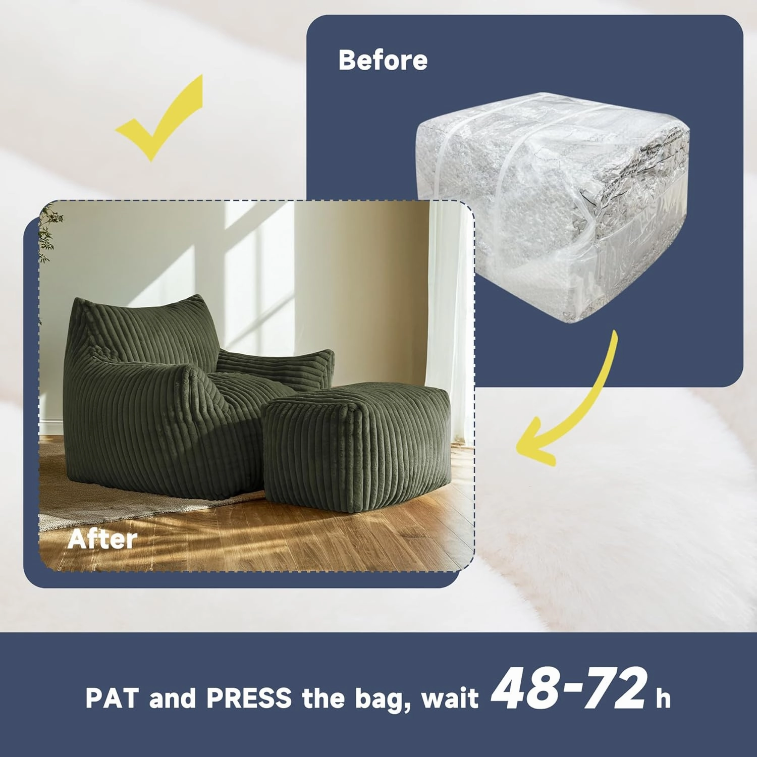 Giant Bean Bag Chair for Adults, Oversized Comfy Memory Foam Beanbag Couch with Fluffy Filling - Plush Boneless Lounge & Ottoman for Bedroom, Living Room, Gaming & Reading, Lazy Floor Sofa, Green