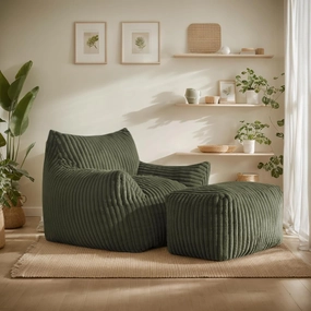 Giant Bean Bag Chair for Adults, Oversized Comfy Memory Foam Beanbag Couch with Fluffy Filling - Plush Boneless Lounge & Ottoman for Bedroom, Living Room, Gaming & Reading, Lazy Floor Sofa, Green