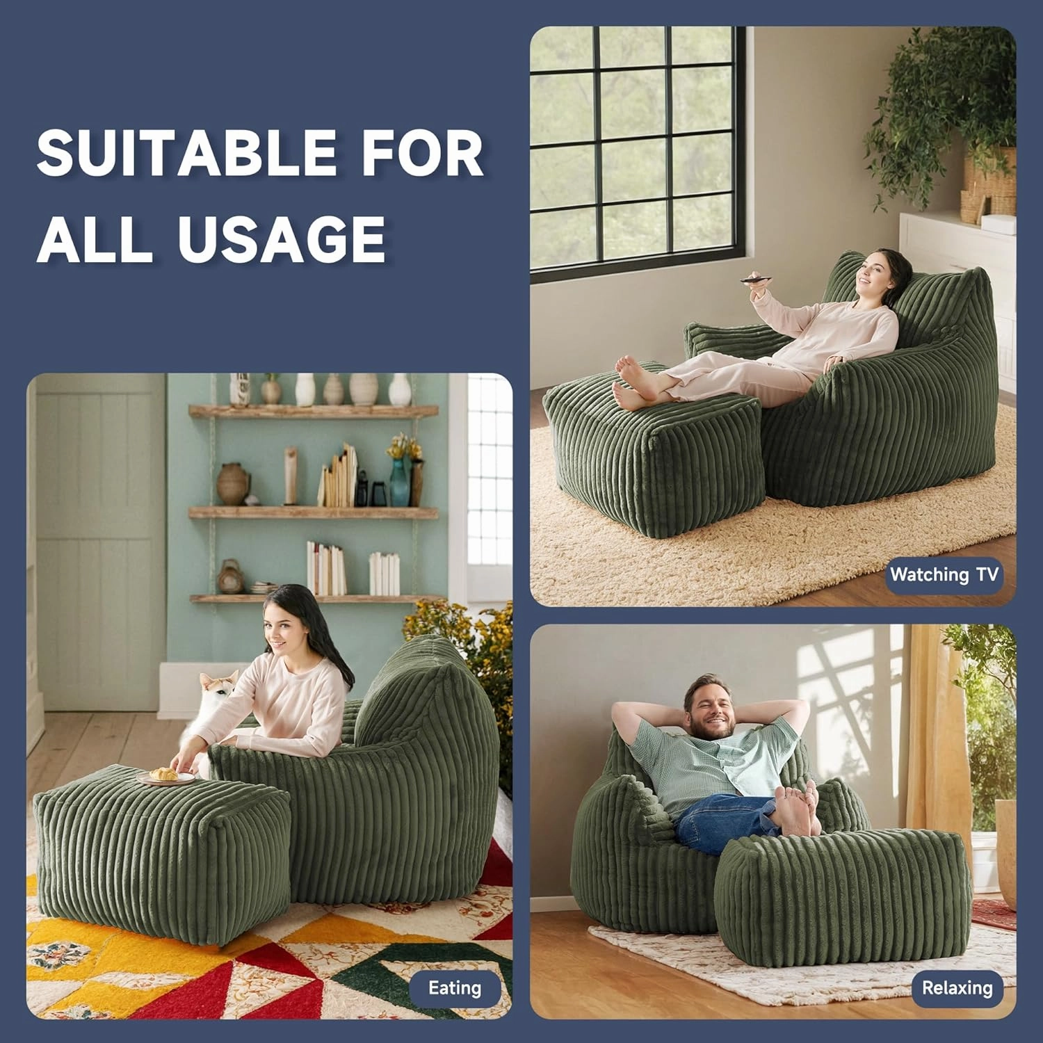 Giant Bean Bag Chair for Adults, Oversized Comfy Memory Foam Beanbag Couch with Fluffy Filling - Plush Boneless Lounge & Ottoman for Bedroom, Living Room, Gaming & Reading, Lazy Floor Sofa, Green
