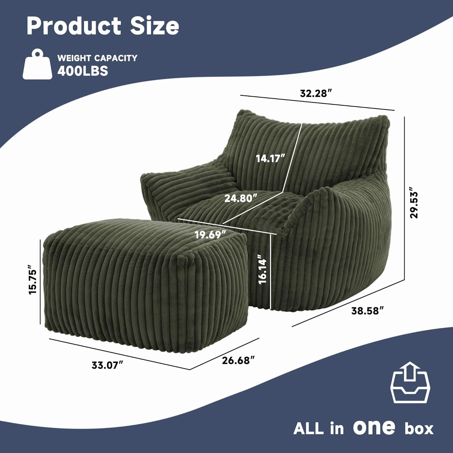Giant Bean Bag Chair for Adults, Oversized Comfy Memory Foam Beanbag Couch with Fluffy Filling - Plush Boneless Lounge & Ottoman for Bedroom, Living Room, Gaming & Reading, Lazy Floor Sofa, Green
