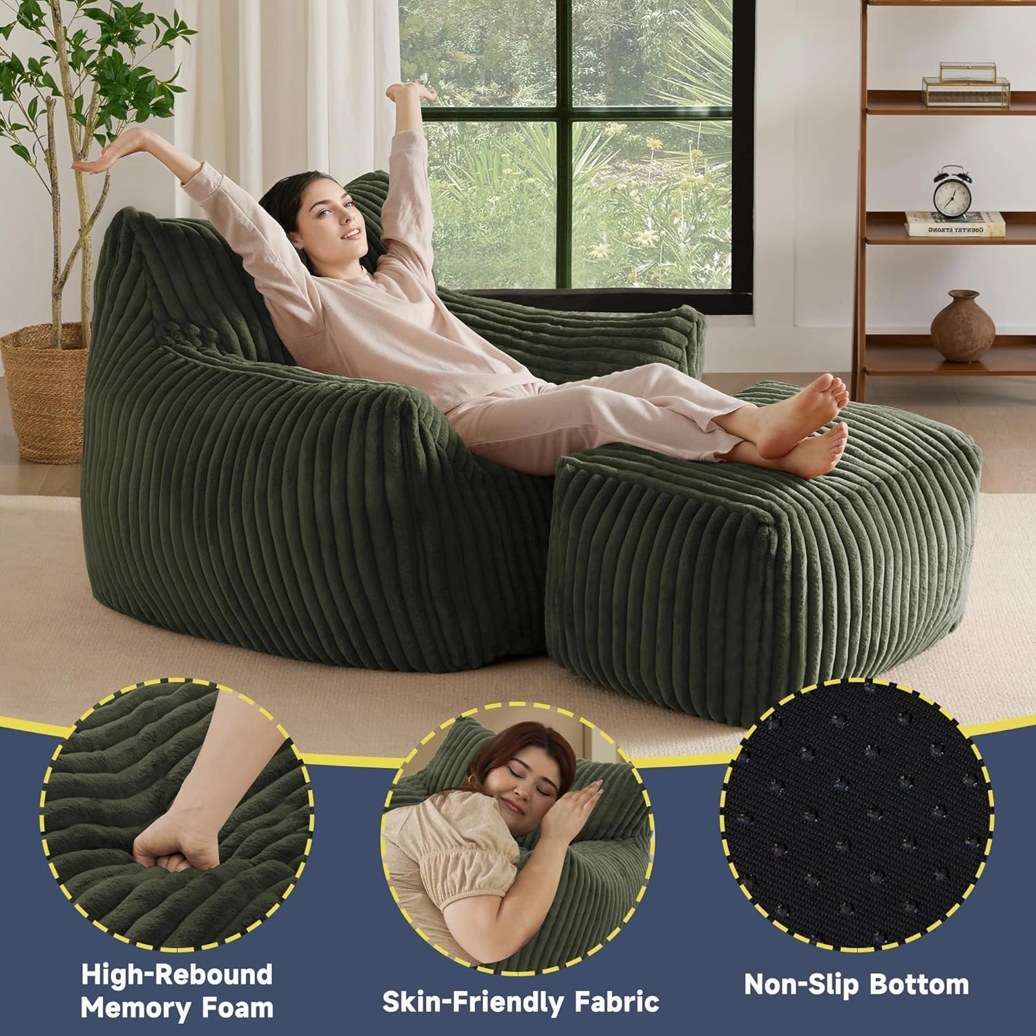 Giant Bean Bag Chair for Adults, Oversized Comfy Memory Foam Beanbag Couch with Fluffy Filling - Plush Boneless Lounge & Ottoman for Bedroom, Living Room, Gaming & Reading, Lazy Floor Sofa, Green