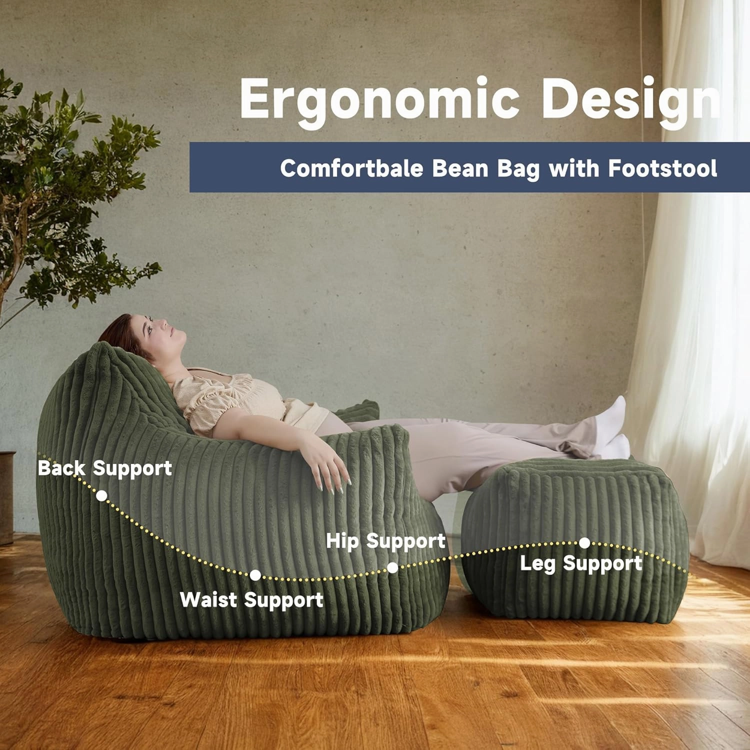 Giant Bean Bag Chair for Adults, Oversized Comfy Memory Foam Beanbag Couch with Fluffy Filling - Plush Boneless Lounge & Ottoman for Bedroom, Living Room, Gaming & Reading, Lazy Floor Sofa, Green