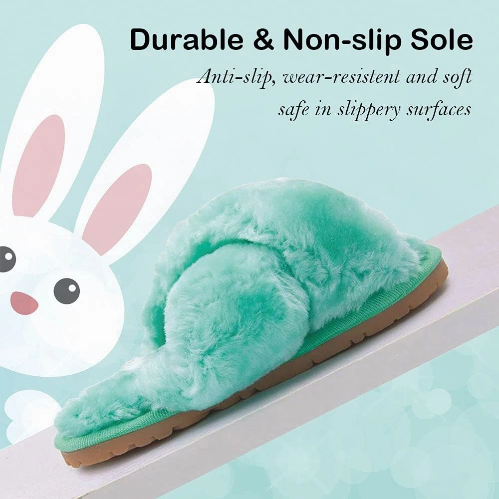 Girls Fluffy Cute Fuzzy Slippers - Open Toe Warm Fur Slides Cross Band Plush Slip on House Indoor Slippers