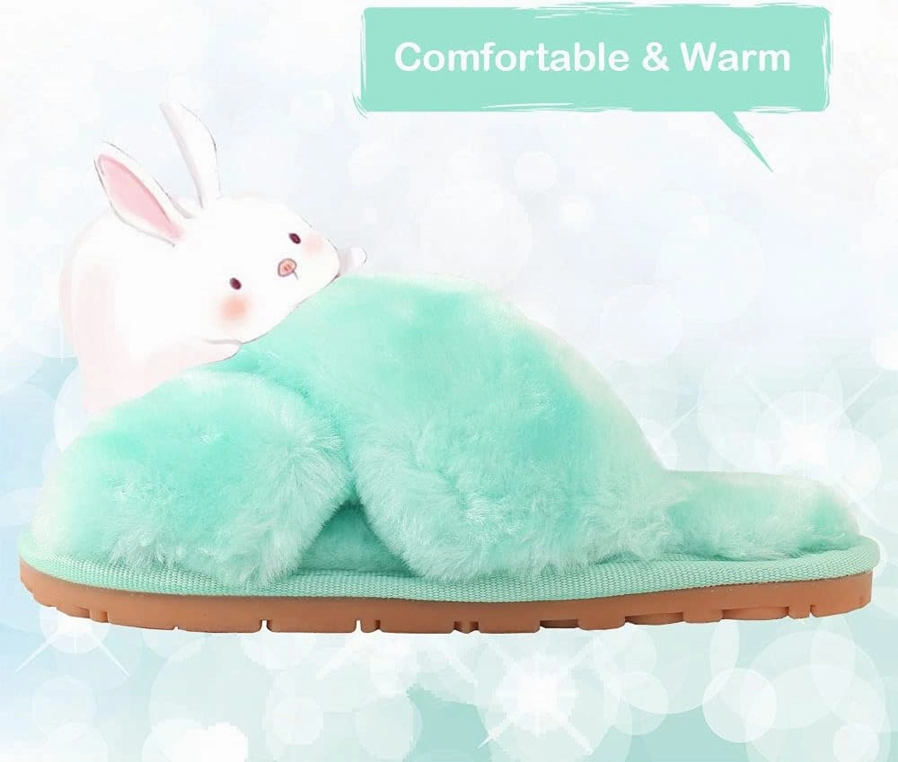 Girls Fluffy Cute Fuzzy Slippers - Open Toe Warm Fur Slides Cross Band Plush Slip on House Indoor Slippers