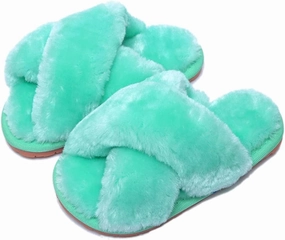 Girls Fluffy Cute Fuzzy Slippers - Open Toe Warm Fur Slides Cross Band Plush Slip on House Indoor Slippers