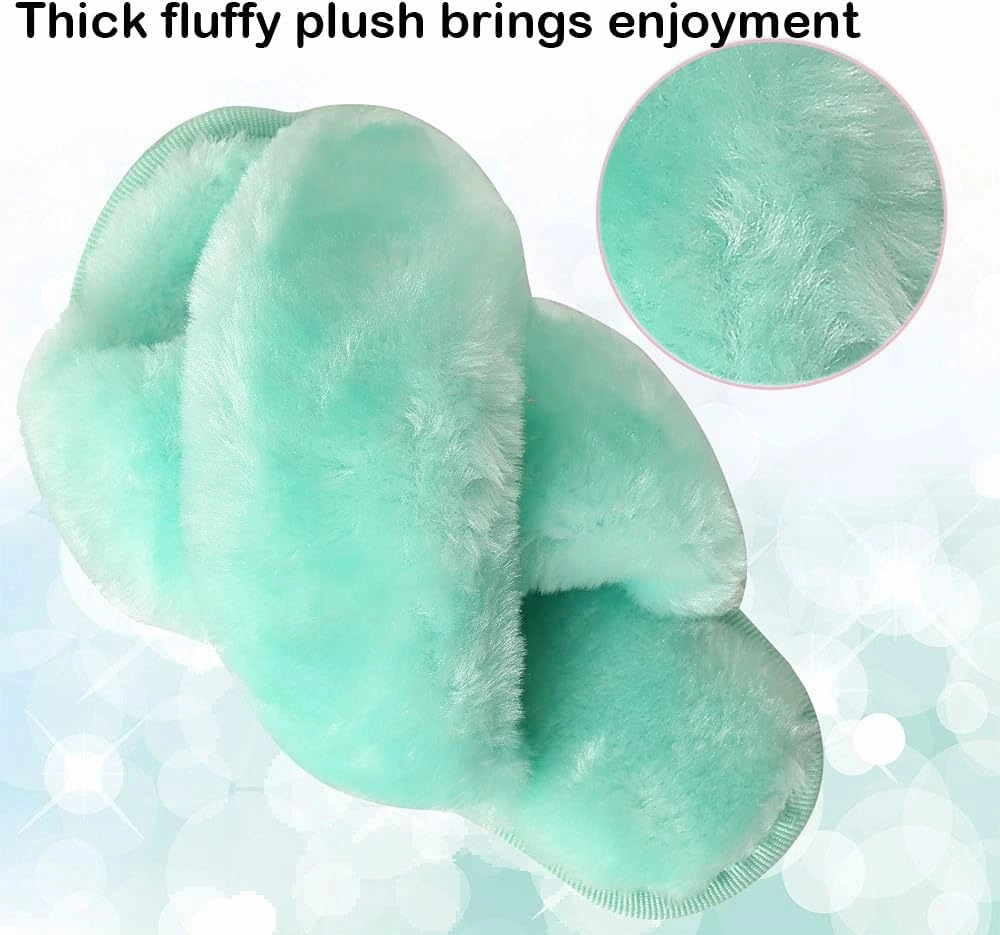 Girls Fluffy Cute Fuzzy Slippers - Open Toe Warm Fur Slides Cross Band Plush Slip on House Indoor Slippers