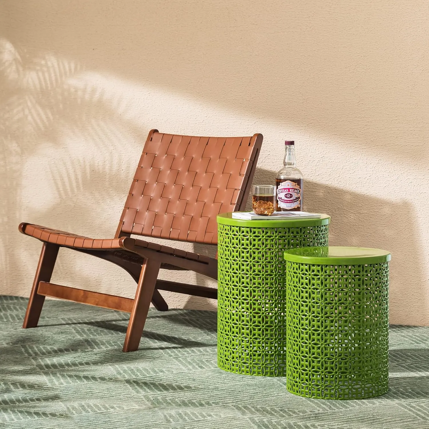 Glitzhome Outdoor Side Table Set of 2, Decorative Garden Stool for Indoor Outdoor Heavy Duty Metal Frame Accent Table Modern End Table, Glossy Green
