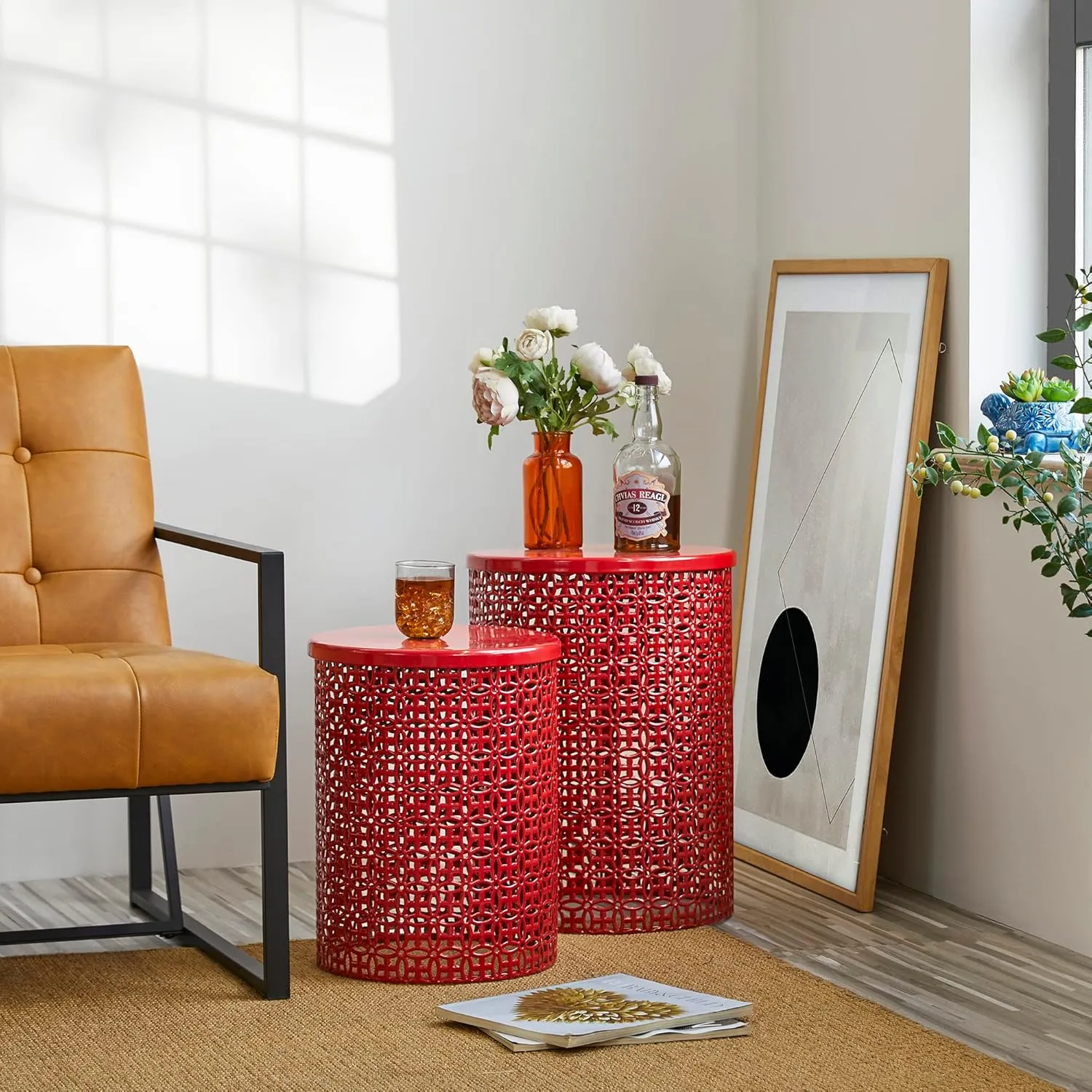 Glitzhome Outdoor Side Table Set of 2, Decorative Garden Stool for Indoor Outdoor Heavy Duty Metal Frame Accent Table Modern End Table, Glossy Red