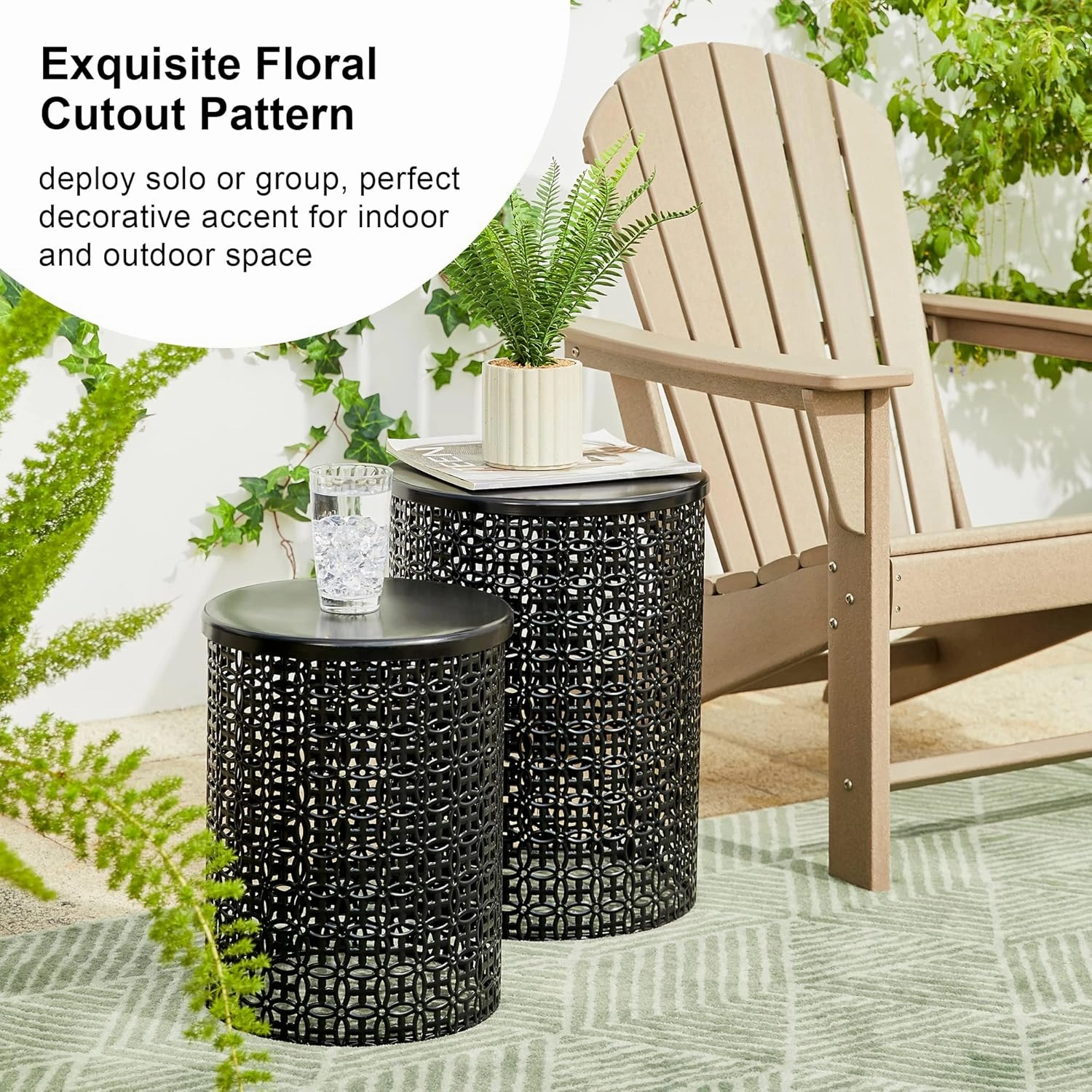 Glitzhome Outdoor Side Table Set of 2, Decorative Garden Stool for Indoor Outdoor Heavy Duty Metal Frame Accent Table Modern End Table, Glossy Black
