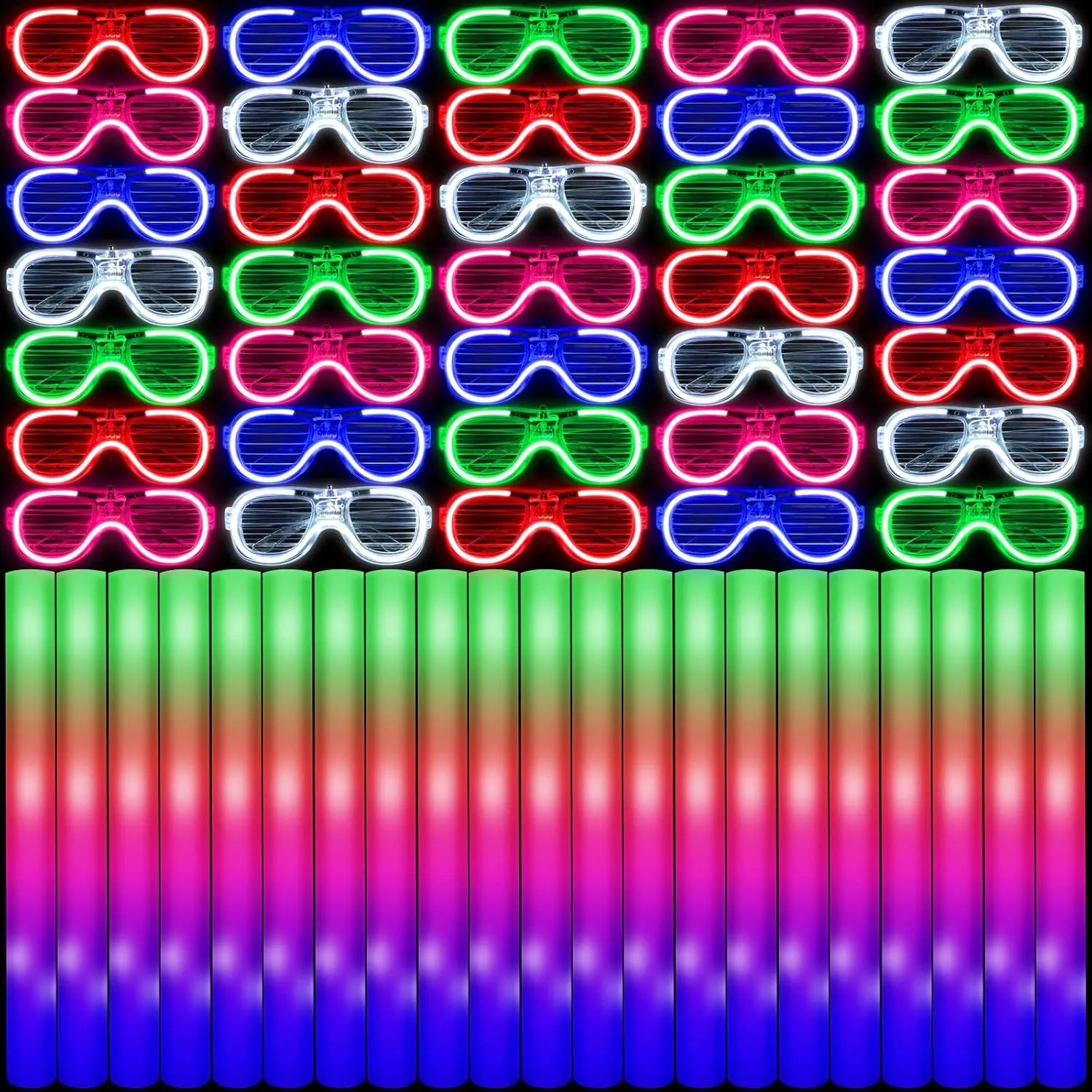 Glow in the Dark Party Supplies Set Bulk Neon Party Favor Toys Includes 30 Led Light up Glasses 5 Color 30 Light up Foam Sticks Bulk for Disco Wedding Birthday Concert Halloween Raves Party