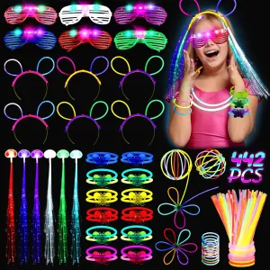 Glow Sticks Bulk Party Pack for Kid Adult, 442PCS Glow in The Dark Party Supplies, Light Up Glow Party Favors with LED Glasses, Hair Clips, Bracelets Necklaces Headband, Neon Party Supplies &Decor