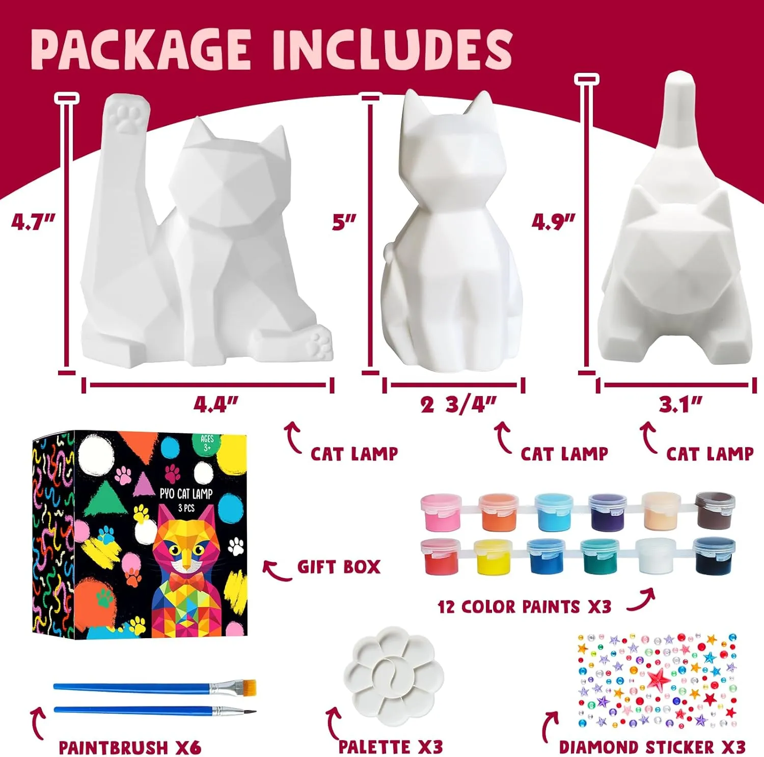 Goody King Paint Your Own Cat Lamp Kit 3pcs,DIY Cat Crafts Night Light, Arts & Crafts for Kids Ages 8-12, Painting Kit for Girls Boys Age 4 5 6 7 8 , Art Supplies Creative Gift for Birthday, Party