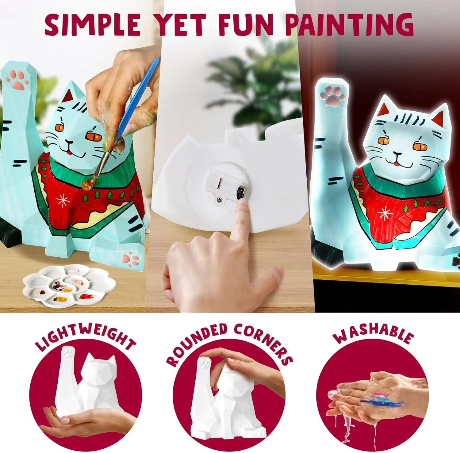 Goody King Paint Your Own Cat Lamp Kit 3pcs,DIY Cat Crafts Night Light, Arts & Crafts for Kids Ages 8-12, Painting Kit for Girls Boys Age 4 5 6 7 8 , Art Supplies Creative Gift for Birthday, Party