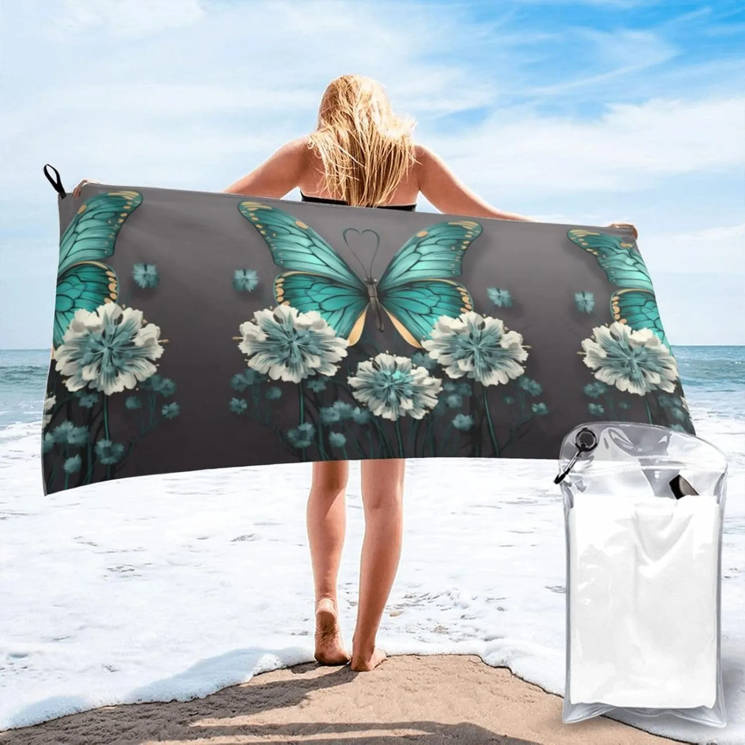 Gray Teal Flower Butterfly Premium Compact Microfiber Travel Towel-Featherlight & Quick Dry,Sand-Resistant Beach Towel for Swimming,Camping,Vacation Essentials with Carry Pouch