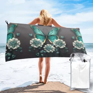 Gray Teal Flower Butterfly Premium Compact Microfiber Travel Towel-Featherlight & Quick Dry,Sand-Resistant Beach Towel for Swimming,Camping,Vacation Essentials with Carry Pouch