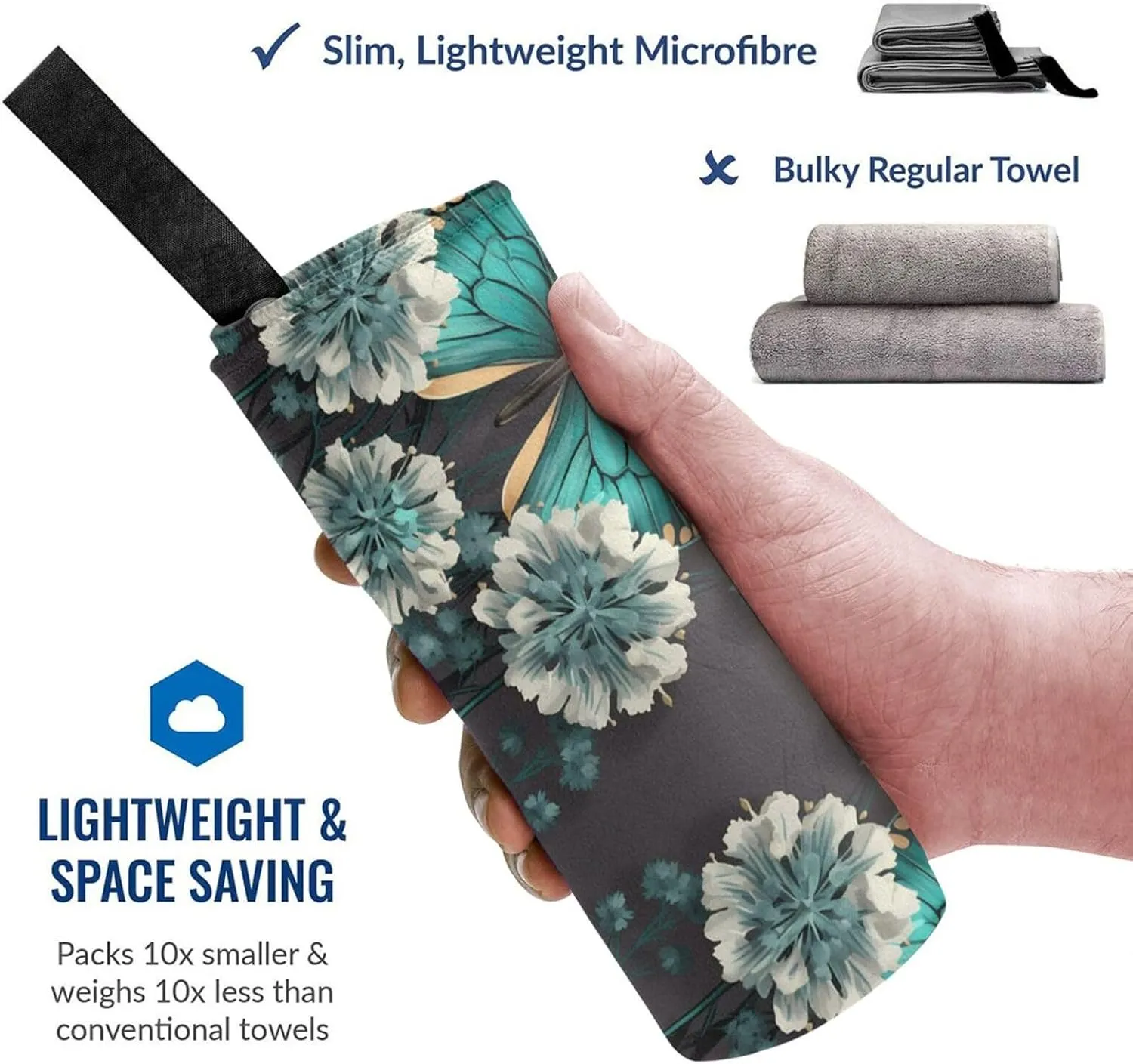 Gray Teal Flower Butterfly Premium Compact Microfiber Travel Towel-Featherlight & Quick Dry,Sand-Resistant Beach Towel for Swimming,Camping,Vacation Essentials with Carry Pouch