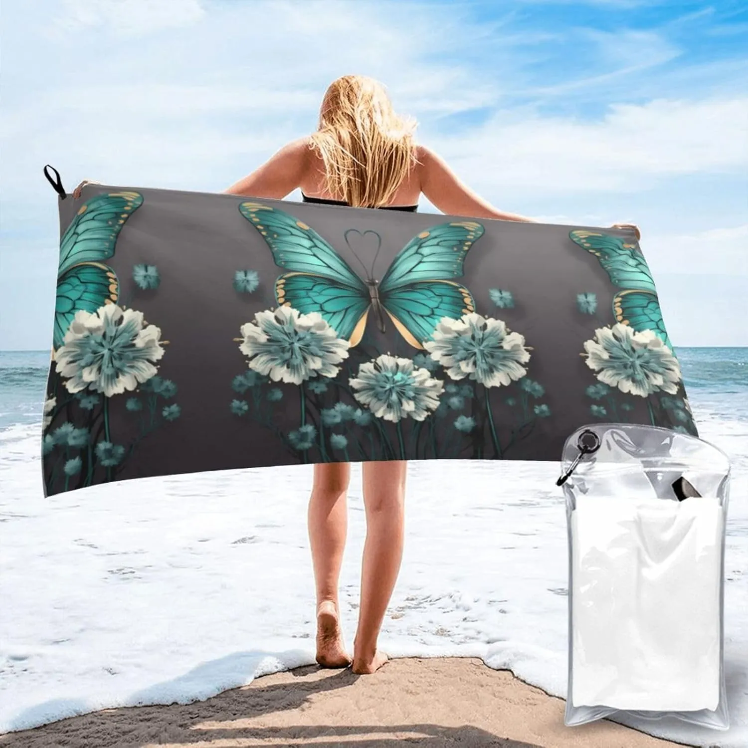 Gray Teal Flower Butterfly Premium Compact Microfiber Travel Towel-Featherlight & Quick Dry,Sand-Resistant Beach Towel for Swimming,Camping,Vacation Essentials with Carry Pouch