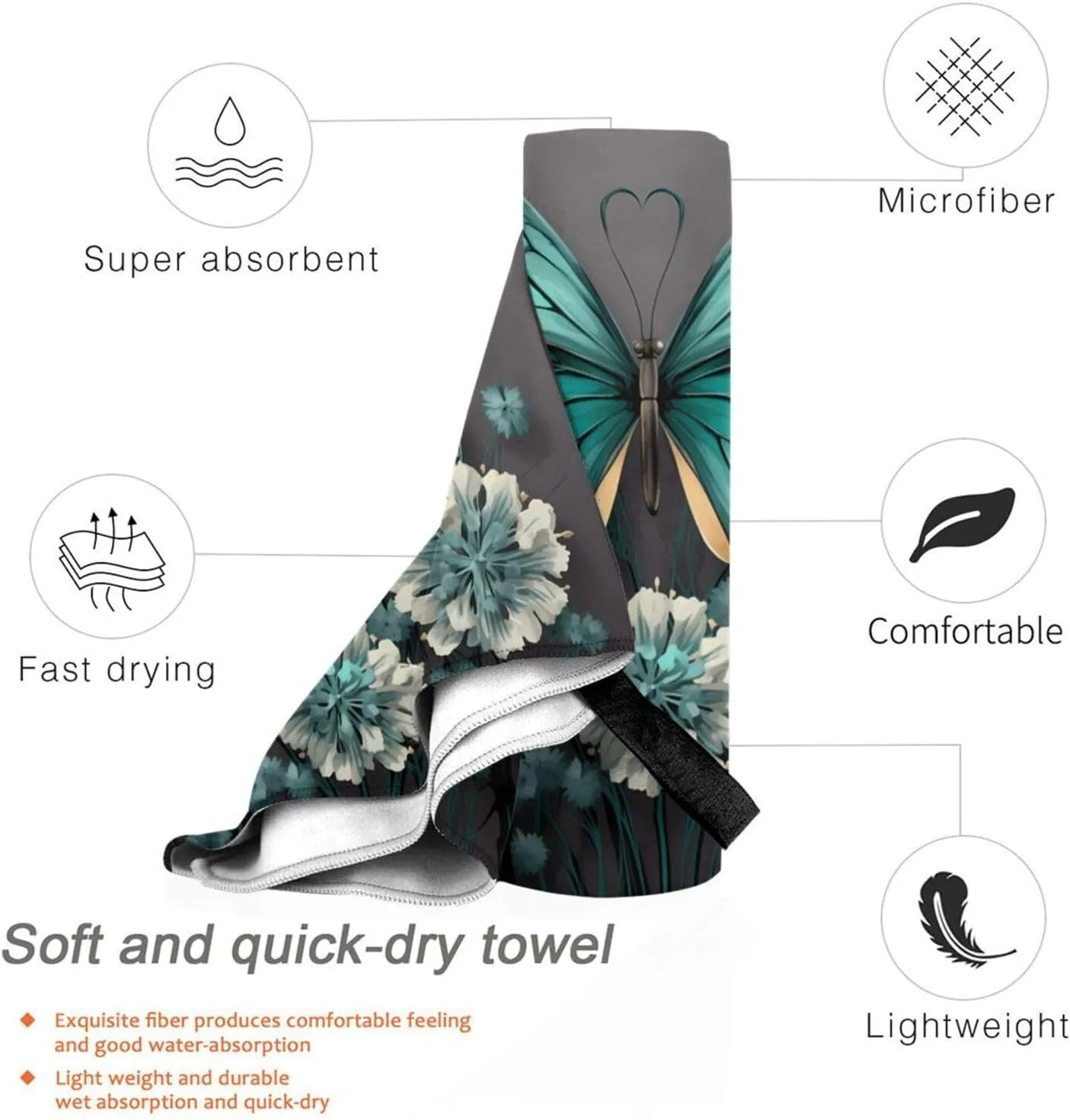 Gray Teal Flower Butterfly Premium Compact Microfiber Travel Towel-Featherlight & Quick Dry,Sand-Resistant Beach Towel for Swimming,Camping,Vacation Essentials with Carry Pouch