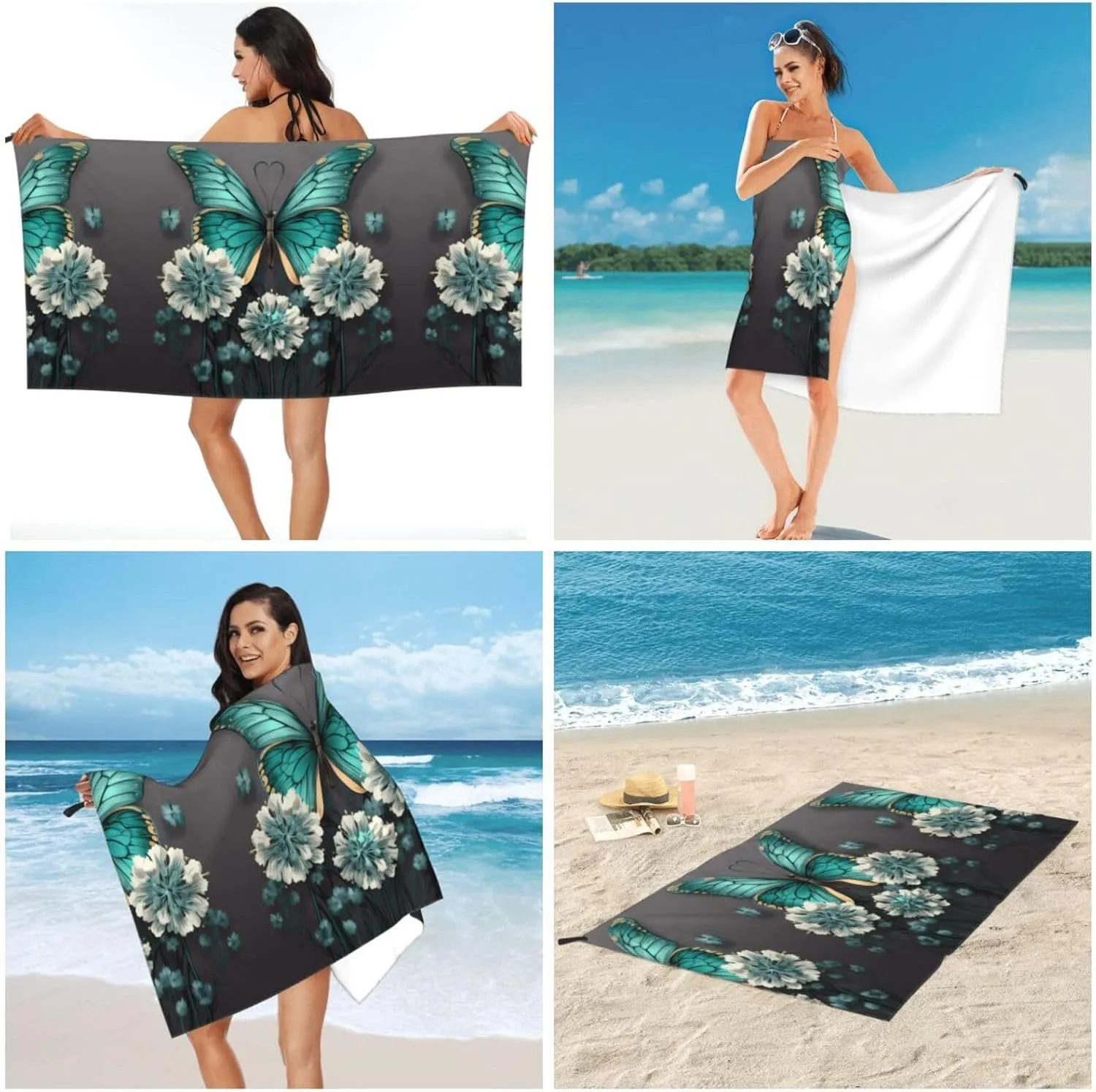 Gray Teal Flower Butterfly Premium Compact Microfiber Travel Towel-Featherlight & Quick Dry,Sand-Resistant Beach Towel for Swimming,Camping,Vacation Essentials with Carry Pouch