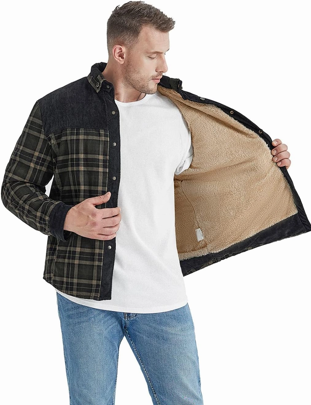 Haellun Men's Long Sleeve Sherpa Lined Shirt Jacket Flannel Plaid Fleece Coats