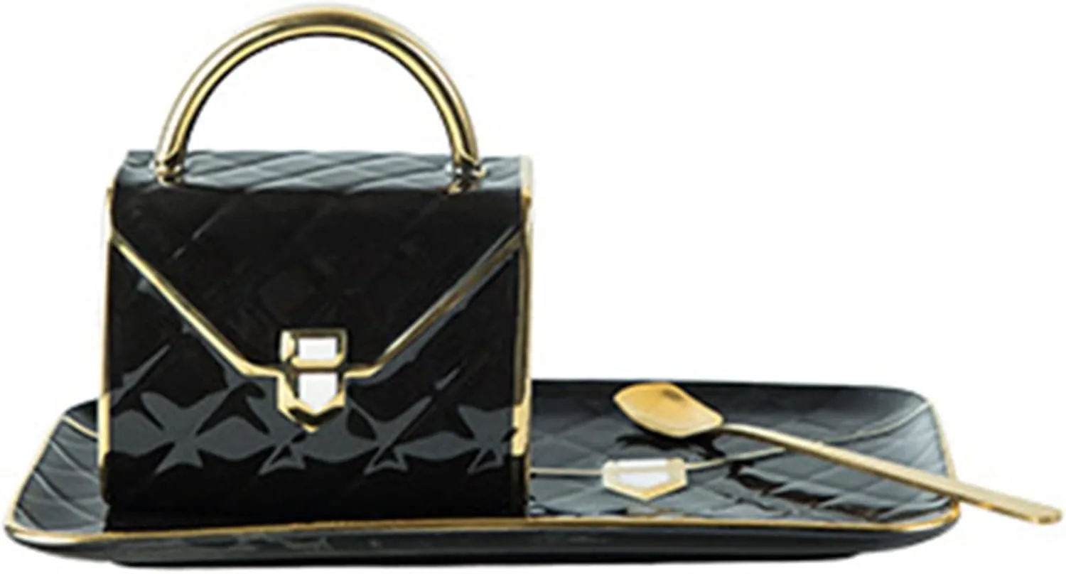Handbag-Shaped Creative Mug With Saucer & Spoon, Creative Mug To Handbag Lovers, Wife And Girlfriend Holiday Gifts, Black