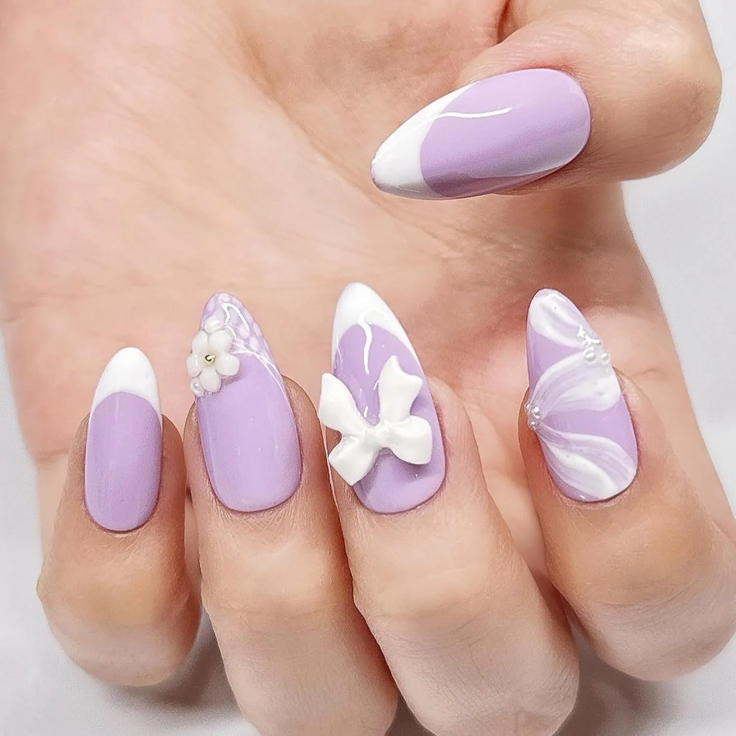 Handmade Press On Nails Medium Almond Pastel Purple with White French Tip, Flower Accents & 3D Bow. Reusable Soft Gel Nails in 12 Sizes-24 Pcs. Designed in LA. Made in Vietnam.|Lilac Lace