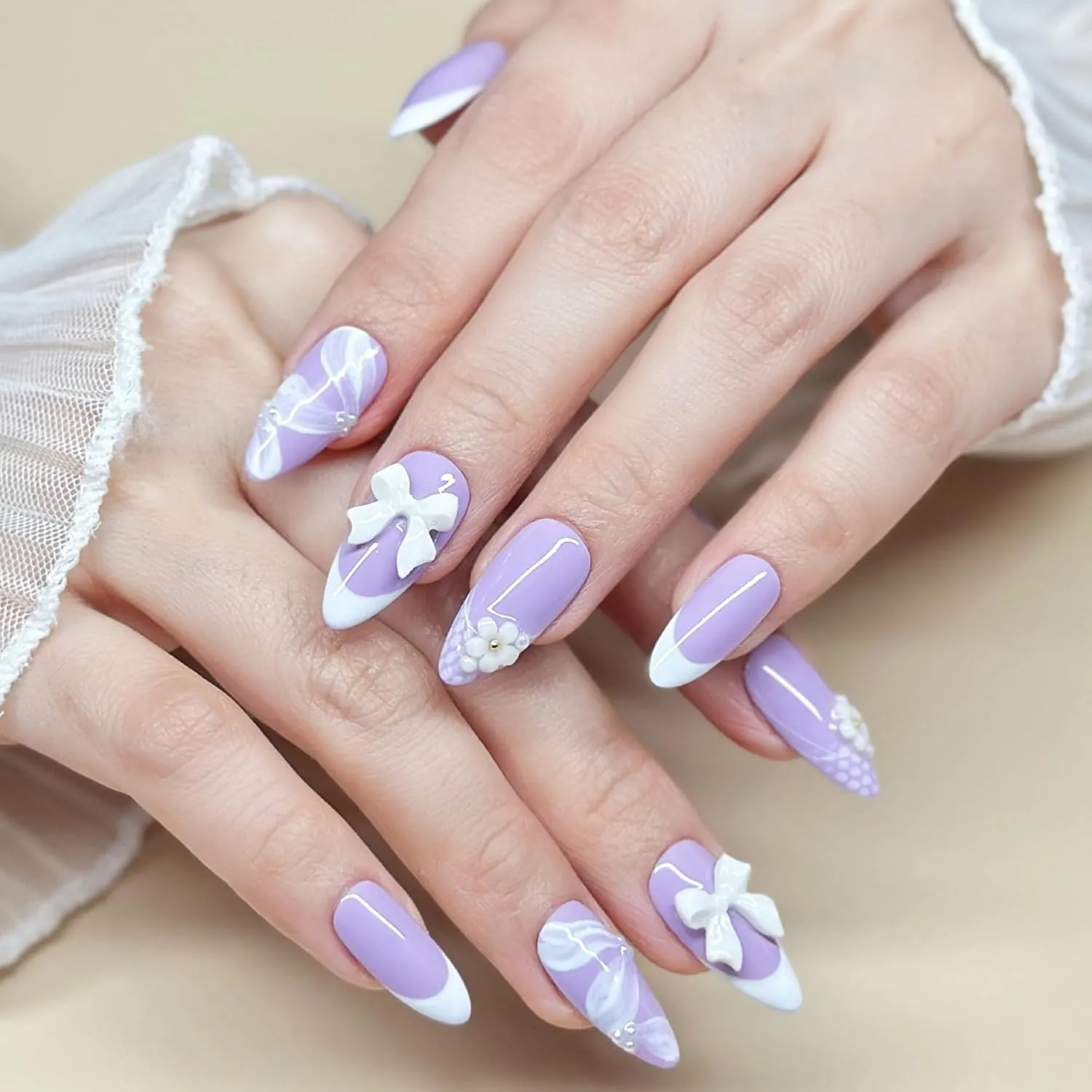 Handmade Press On Nails Medium Almond Pastel Purple with White French Tip, Flower Accents & 3D Bow. Reusable Soft Gel Nails in 12 Sizes-24 Pcs. Designed in LA. Made in Vietnam.|Lilac Lace