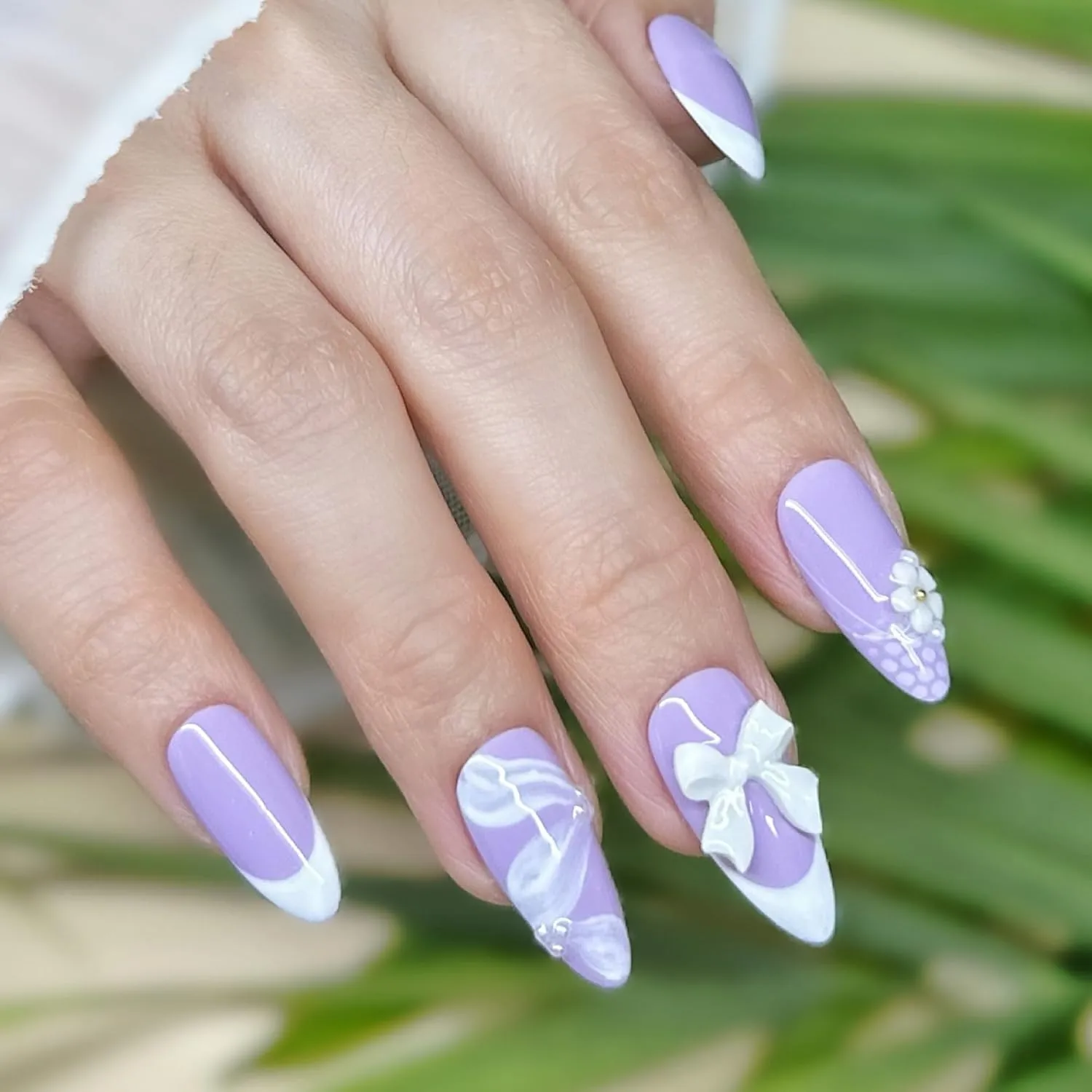 Handmade Press On Nails Medium Almond Pastel Purple with White French Tip, Flower Accents & 3D Bow. Reusable Soft Gel Nails in 12 Sizes-24 Pcs. Designed in LA. Made in Vietnam.|Lilac Lace
