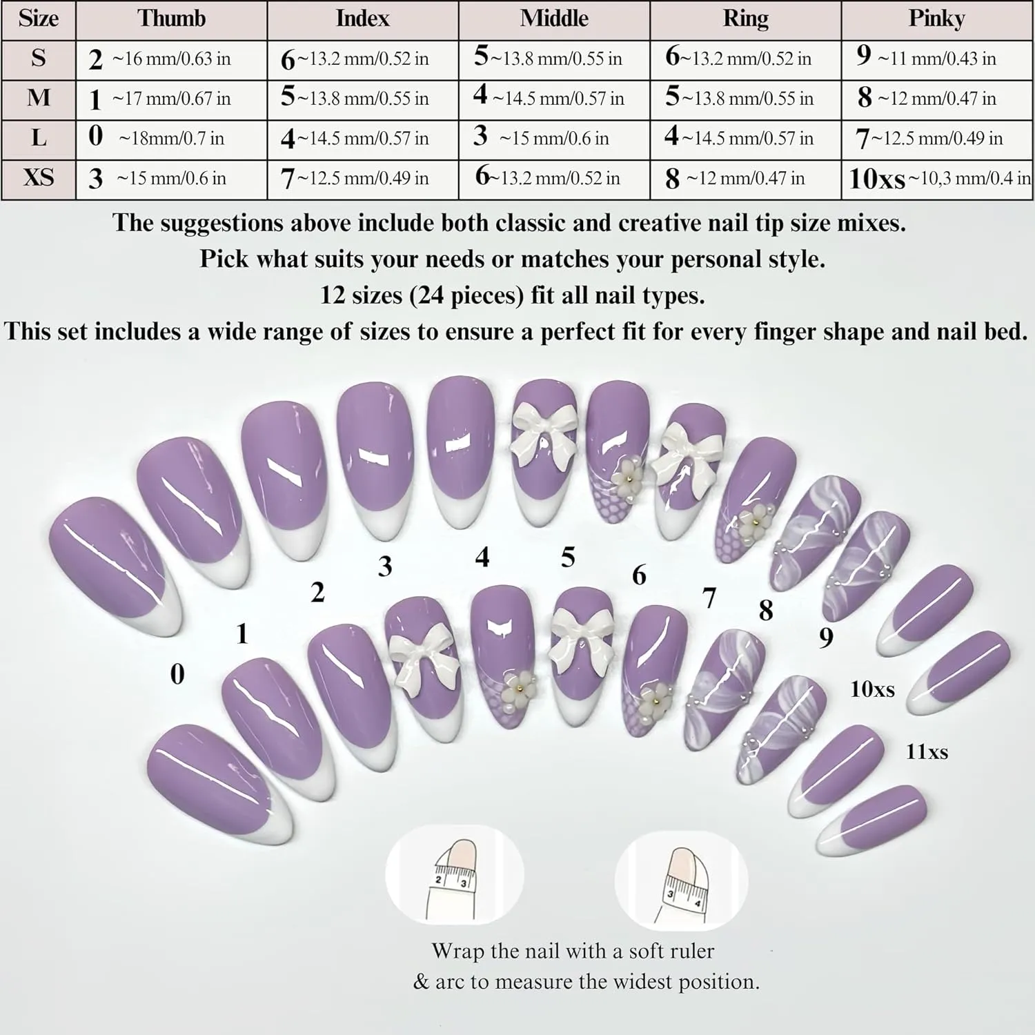Handmade Press On Nails Medium Almond Pastel Purple with White French Tip, Flower Accents & 3D Bow. Reusable Soft Gel Nails in 12 Sizes-24 Pcs. Designed in LA. Made in Vietnam.|Lilac Lace