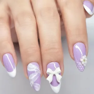 Handmade Press On Nails Medium Almond Pastel Purple with White French Tip, Flower Accents & 3D Bow. Reusable Soft Gel Nails in 12 Sizes-24 Pcs. Designed in LA. Made in Vietnam.|Lilac Lace