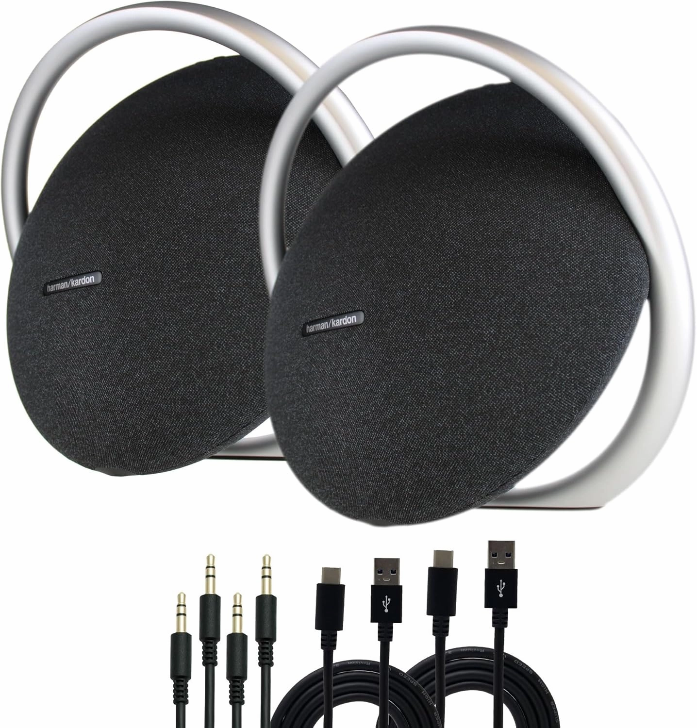 Harman Kardon Onyx Studio 8 Bluetooth Wireless Portable Speaker (Black) (HKOS8BLKAM)   2 x USB-C Cable   2 x AUX Cable (2-Pack)