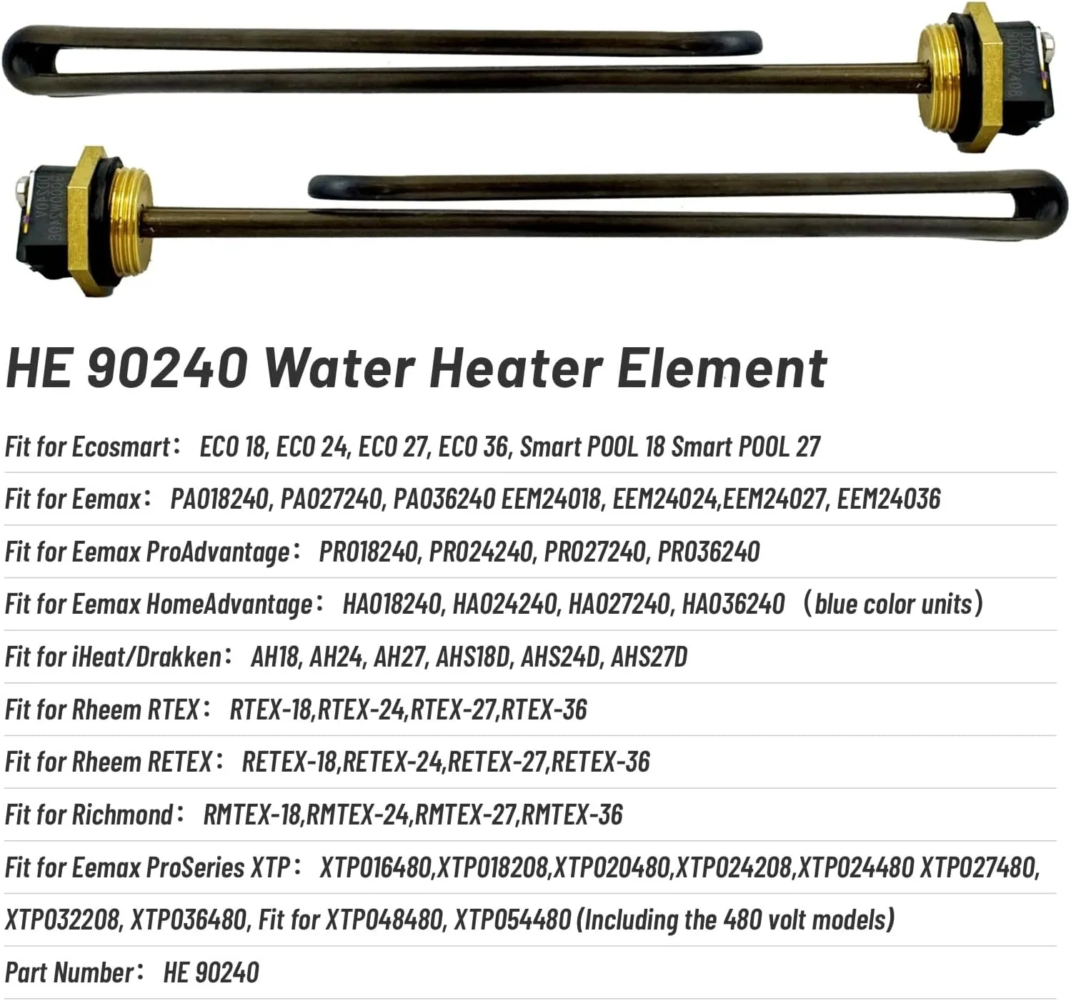 HE 90240 Heating Element Replacement Fit for EcoSmart ECO 18 27 36 9KW 240V Tankless Water Heater Parts Replace 80240 R004709024S SGB-2903 HA-P004 HA-P005 Titanium Metal Material 2Pcs